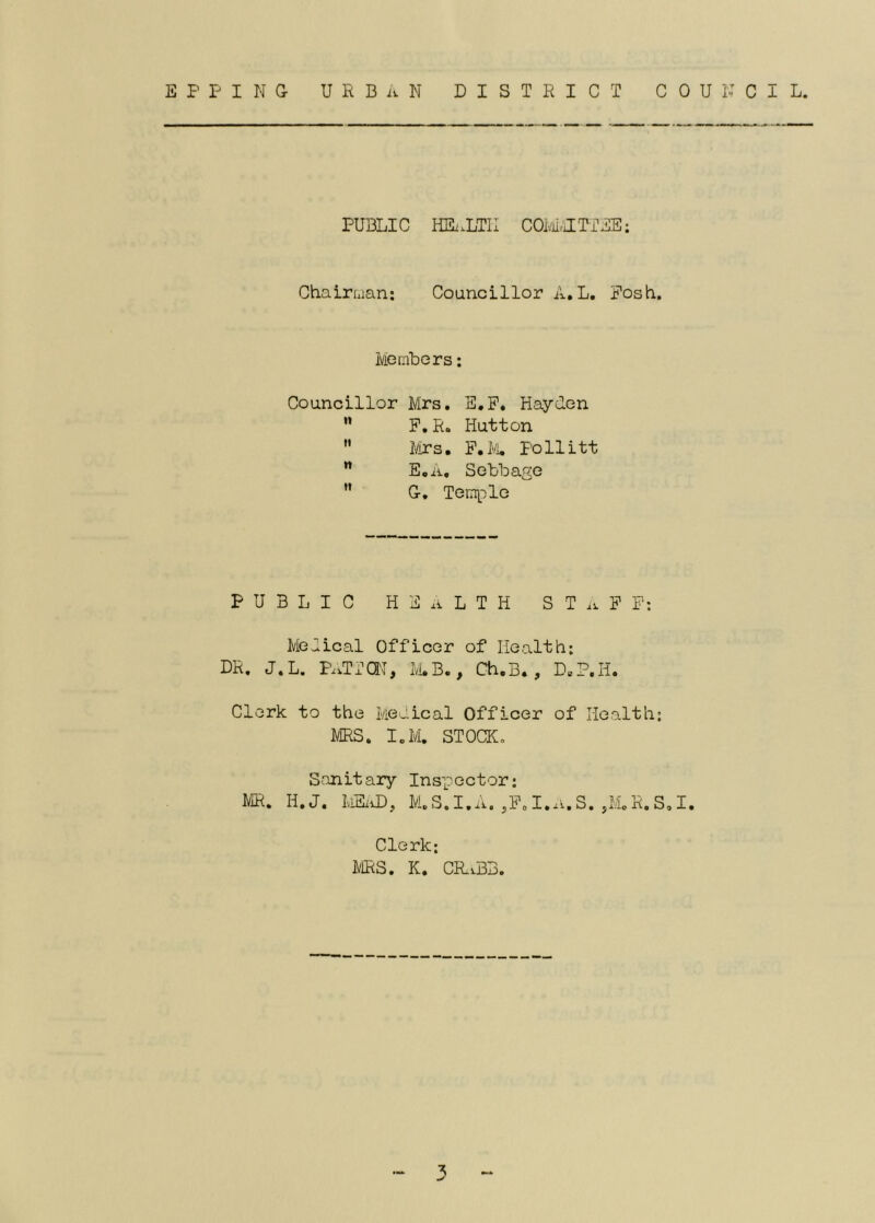 E P P I N G- U R B it N DISTRICT C 0 U IT C I L. PUBLIC HK.LTII COi'MTTEE; Chairman; Councillor A.L. Fosh. Memhers: Councillor Mrs. E.P, Hayden ** P.R, Hutton  I'/Irs. F.l''i. pollitt ” EoA, SohUage *’ G, Temple PUBLIC health S T P P: Melical Officer of Health: DR. J.L. P..TTai, M.B., Ch.B. , D„?.H. Clerk to the Medical Officer of Health: MRS. I.M. STOCK. Sanitary Inspector; MR. H.J. LiSiiD, M.S.I.A. jPoI.A.S. 5M.R.S,I. Clerk; MRS. K. CRiBB.