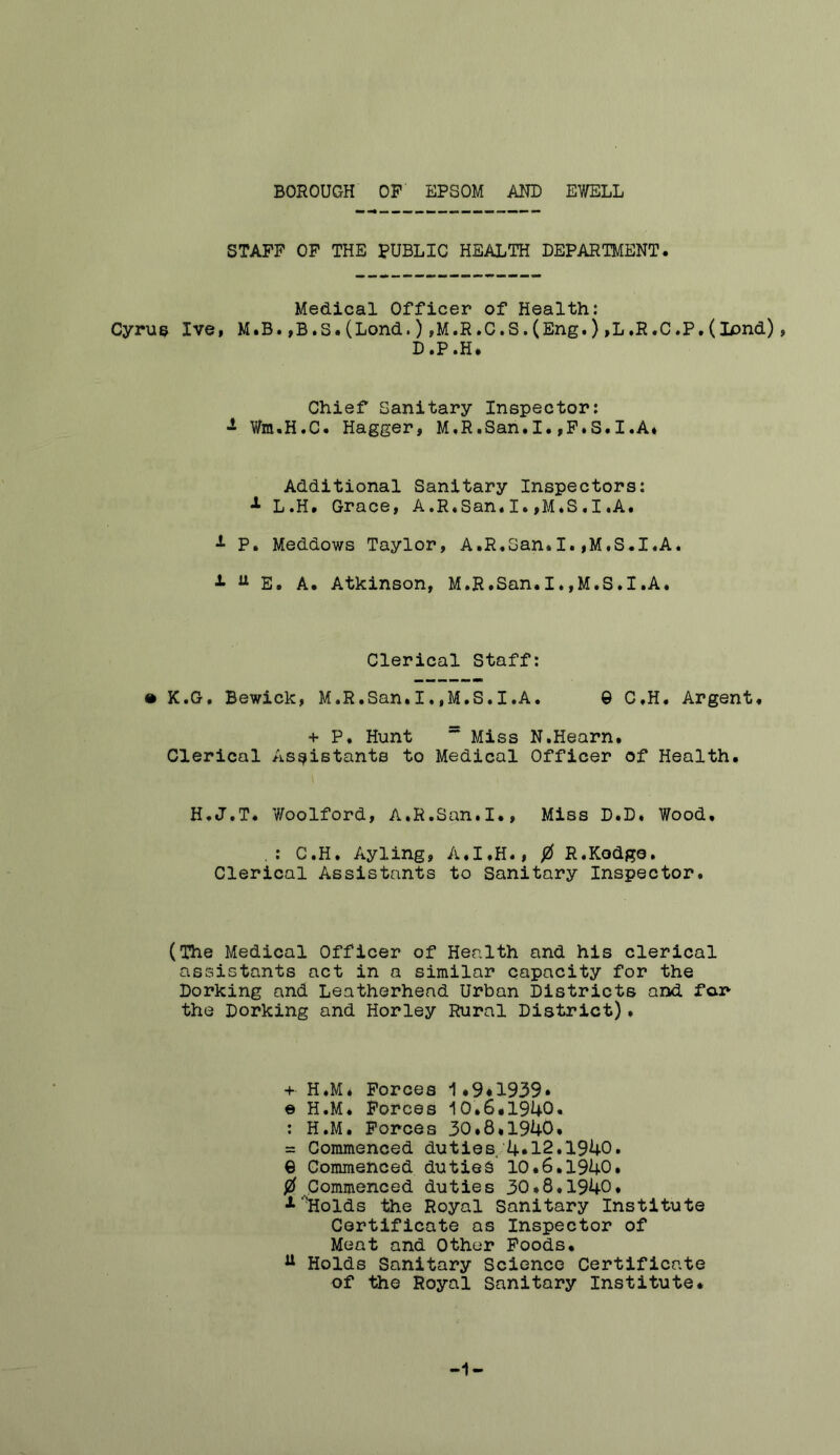 BOROUGH OP EPSOM AND EWELL STAFF OP THE PUBLIC HEALTH DEPARTMENT. Medical Officer of Health: Cyrua Ive, M.B.,B.S.(Lond.)»M.R.C.S.(Eng.),L.R.C.P.(Ipnd), D.P.H. Chief Sanitary Inspector: Wm.H.C. Hagger, M.R.San.I. ,P.S.I.A* Additional Sanitary Inspectors: ^ L.H* Gracej A.R.San.I.^M.S.I.A* ^ P. Meddows Taylor, A.R.San*I.,M.S.I.A. ^ E. A. Atkinson, M.R.San.I.,M.S.I.A. Clerical Staff: • K.G, Bewick, M.R.San.I.,M.S.I.A. 0 C.H. Argent. + P. Hunt ~ Miss N.Hearn. Clerical Assistants to Medical Officer of Health. H.J.T. Woolford, A.R.San.I., Miss D.D. Wood. C.H. Ayling, A.I.H., 0 R.Kodge. Clerical Assistants to Sanitary Inspector. (The Medical Officer of Health and his clerical assistants act in a similar capacity for the Dorking and Leatherhead Urban Districts and for- the Dorking and Horley Rural District). + H.M* Forces 1•9*1939* e H.M. Forces i0.6.1940. ; H.M. Forces 30.8•1940. = Commenced duties, 4.12.1940. 0 Commenced duties 10.6.1940. 0 Commenced duties 30.8.1940. •^•‘ilolds the Royal Sanitary Institute Certificate as Inspector of Meat and Other Poods. ^ Holds Sanitary Science Certificate of the Royal Sanitary Institute* 1-