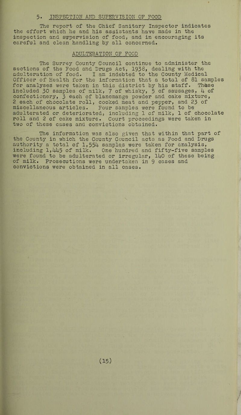 5. II^PECTION Airo SUPERVISION OF FOOD The report of the Chief Sanitary Inspector indicates the effort which he and his assistants have made in the inspection and sp^pervision of food, and in encouraging its careful and clean handling by all concerned. ADULTBPATION OF FOOD The Surrey County Council continue to administer the sections of the Pood and Drugs Act, 1938, dealing with the adulteration of food. I am indebted to the County Medical Officer of Health for the information that a total of 81 samples for analyses were taken in this district by his staff. Th^se included 30 samples of milk, 7 of whisky, 5 of sausages, 4 of confectionery, 3 each of blancmange powder and cake mixture, 2 each of chocolate roll, cooked meat and pepper, and 23 of miscellaneous articles. pour samples were found to be adulterated or deteriorated, including 1 of milk, 1 of chocolate roll and 2 of cake mixture. Court proceedings were taken in two of these cases and convictions obtained. The information was also given that within that part of the County in which the County Council acts as Pood and Drugs authority a total of 1,554 samples were taken for analysis, including 1,445 of milk. One hundred and fifty-five samples were found to be adulterated or irregular, 140 of these being of milk. Prosecutions were undertaken in 9 cases and convictions were obtained in all cases. \ (15.)