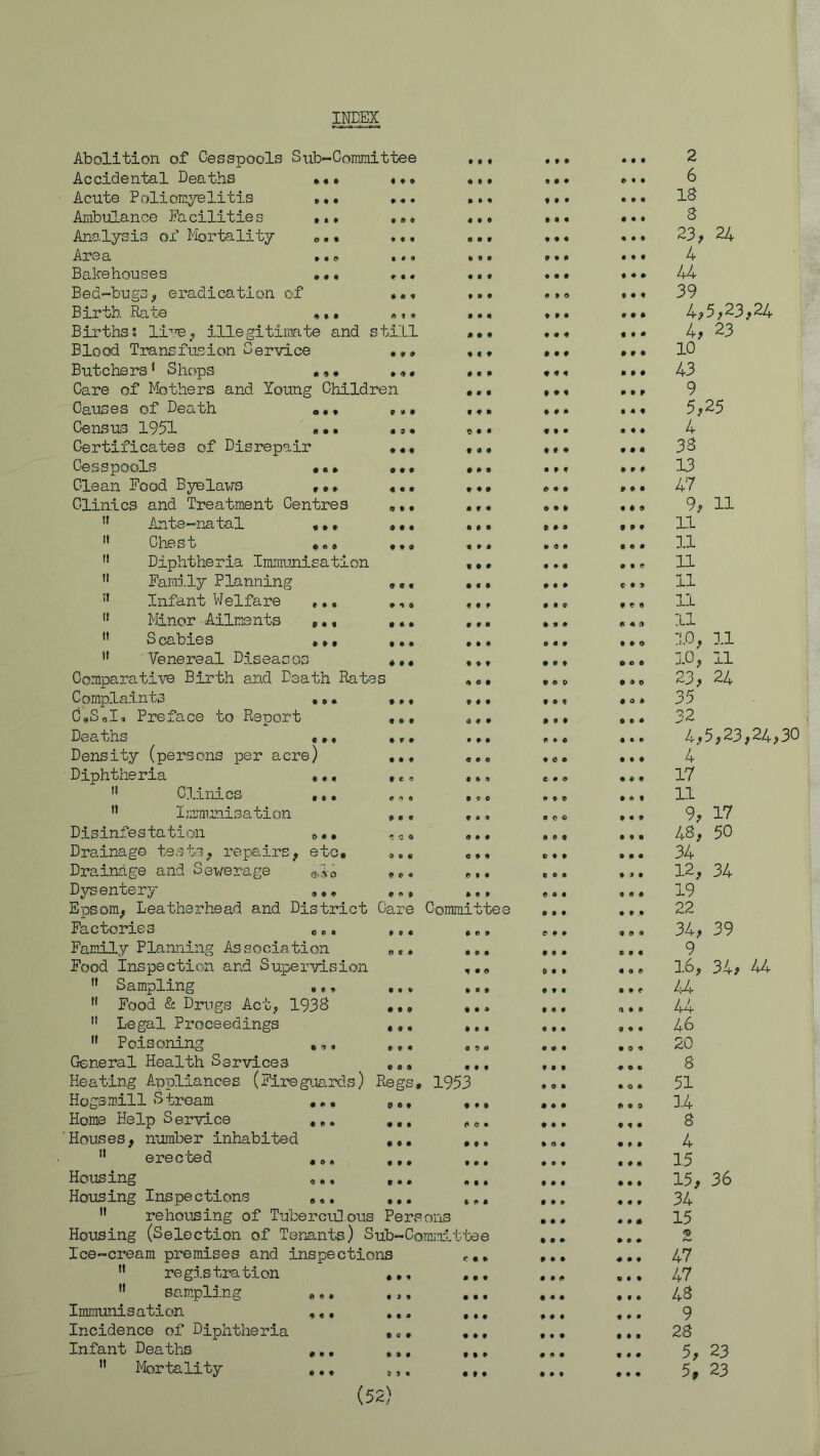 INDEX « t * coo f « I * » 9 9 9 9 9 9 9 9 9 9 9 9 9 • 9 9 9«* • 9 9 • 9 9 9 » * 9 9 9 9 9 9 9 9 9 fee 9 9 9 9 9 9 ■? c o 9©« H ♦ *nf 9 f 9 9 • « t 9 0 9 ♦ « 9 9 9 9 9 f 9 9 9 9 Abolition of Cesspools Sub-Committee Accidental Deaths • Acute Poliomyelitis ... , Ambulance Facilities ... . •» Analysis ox' Mortality ,. • . •. Area • • »•« Bakehouses ••• «•• Bed-bugs, eradication of ».* Birth Rate ,». *,, Birthss live, illegitimate and still Blood Transfusion Service . Butchers* Shops »«• Care of Mothers and Young Children Causes of Death 0.• ,»• Census 1951 *•• •, • Certificates of Disrepair ••• Cesspools ••• , • • Clean Food Byelaws r•• «.. C-linics and Treatment Centres „,. Ante-natal Chest Diphtheria Immunisation Family Planning n Infant Welfare *., 11 Minor Ailments M Scabies 11 Venereal Diseases Comparative Birth and Death Rates Complaints . C»SoIo Preface to Report Deaths « Density (persons per acre) Diphtheria  Clinics 11 Immunisation Disinfestation Drainage tests, repairs, etc. Drainage and Sewerage Q.'i0 Dysentery ,,. Epsom, Leatherhead and District Care Committee Factories 0,s Family Planning Association Food Inspection and Supervision  Sampling ,,, Food & Drugs Act, 1938 ” Legal Proceedings  Poisoning „,, General Health Services ,„, ,, Heating Appliances (Fireguards) Regs, 1953 Hogs mill Stream ,,, ,, Home Help Service , *. ,,, Houses, number inhabited  erected ,,, ... Hoik ing ,.. ... Housing Inspections 94. ... t( M rehousing of Tubercud ous Persons Housing (Selection of Tenants) Sub-Committee Ice-cream premises and inspections  re gis tra ti on ,, 4  sampling ,•. Immunisation ,«, ,,, Incidence of Diphtheria ,0• Infant Deaths ,,, ,,,  Mortality (52) 9 9 9 • 9 9 9 9 9 9 9 9 O 9 9 I 9 9 9 • 9 9 • 9 9 9 a 9 9 9 * 9 f 9 • « 9 9 9 9 9 9 0 > ♦ • 9 9 t 9 • f f * • 9 « 9 • f 9 9 e> # 9 9 • 9 • 9 9 9 9 9 9 9 9 9 9 9 • 9 9 0 e 9 0 0 9 0 9 9 0 9 0 ® 0 9 0 0 0 9 9 9 9 9 9 9 9 • 0 9 9 9 • 9 9 9 9 9 9 9 0 9 9 0 9 #09 0 9 .9 9 0 9 C 9 9 0 9 9 <9 9 9 9 0 9 ■9 0 0 9 0 9 f»9 9 9 f • 9 9 9 • 9 9 9 • 9 2 6 IS 3 23, 24 4 44 39 4,5,23,24 4, 23 10 43 9 5,25 4 33 13 47 9, 11 11 11 11 11 11 11 10, 11 10, 11 23, 24 35 32 4,5,23,24,30 4 17 11 9, 17 43, 50 34 12, 34 19 22 34, 39 9 16, 34, 44 44 44 46 20 8 51 3-4 8 4 15 15, 36 34 15 2 47 47 43 9 28 5, 23 5, 23