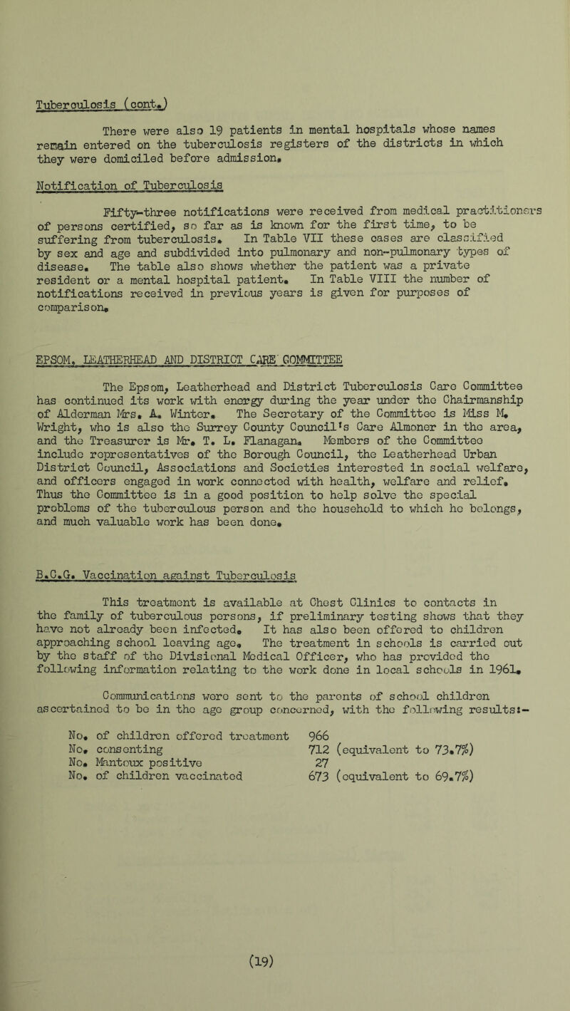 Tuber oulOS Is (oont>) There were also 19 patients in mental hospitals whose names remain entered on the tuberculosis registers of the districts in which they were domiciled before admission# Notification of Tuberculosis Fifty-three notifications were received from medical practitioners of persons certified, so far as is known for the first time, to be suffering from tuberculosis* In Table VII these cases are classified by sex and age and subdivided into pulmonary and non-pulmonary types of disease. The table also shows whether the patient was a private resident or a mental hospital patient. In Table VIII the number of notifications received in previous years is given for purposes of comparison. EPSOM. I£ATHERHEAD AND DISTRICT C^' GOMTCETTEE The Epsom, Leatherhead and District Tuberculosis Care Committee has continued its work with energy during the year under the Chairmanship of Alderman Mrs, A, Winter, The Secretary of the Committee is Miss M, Wright, who is also the Surrey County Council’s Care Almoner in the area, and the Treasurer is Mr, T. L, Flanagan, Members of the Committee include representatives of the Borough Council, the Leatherhead Urban District Council, Associations and Societies interested in social welfare, and officers engaged in work connected vrith health, welfare and relief. Thus the Committee is in a good position to help solve the special problems of the tuberculous person and the household to which he belongs, and much valuable work has been done. B>G,G, Vaccination against Tuberculosis This treatment is available at Chest Clinics to contacts in the family of tuberculous persons, if preliminary testing shows that they have not already been infected. It has also been offered to children approaching school leaving ago. The treatment in schools is carried out by the staff of the Divisional Medical Officer, who has provided the following iriformation relating to the work done in local schools in 1961, Communications were sent to the parents of school children ascertained to be in the age group cf)ncernod, with the foil;wing results:- No, of children offered treatment 966 No, consenting 712 (equivalent to 73*7%) No, Mantoux positive 27 No, of children vaccinated 673 (equivalent to 69,7^) (19)