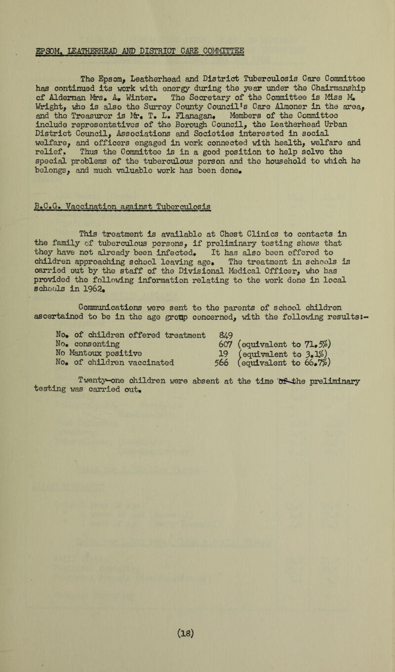 EPSOM, IMHERHEAD AMD DISTRICT CARE COMMITTEE The Epsom^ Leatherhead and Districrt Tuberculosis Care Committee has continued its i^ork with energy during the year under the Chairmanship cf Alderman Mrs* A, Winter* The Secretary of the Committee is MLss M, Wright, vb.0 is also the Surrey County Council’s Care Almoner in the area, and the Treasurer is Mr* T. L. Slanagan# Members of the Committee Include representatives of the Borough Council, the Leatherhead Urban District Council, Associations and Societies interested in social welfare, and officers engaged in work connected with health, welfare and relief,. Thus the Committee is in a good position to help solve the special problems of the tuberculous person and the household to vhlch he belongs, and much valuable work has been done. B.C.G, Vaccination against Tuberculosis This treatment is available at Chest Clinics to contacts in the family of tuberculous persons, if preliminary testing shows that they have not already been infected. It has also been offered to children approaching school leaving age. The treatment in schools is carried out by the staff of the Divisional Medical Officer, who has provided the following information relating to the work done in local schools in 1962* Communications were sent to the parents of school children ascertained to be in the age group concerned, with the following resultss- No» of children offered treatment 849 No. consenting 607 (equivalent to 71*5/^} No Mantoux positive 19 (equivalent to 3.1^) No. of children vaccinated 566 (equivalent to ^*7%) Twenty^ne children were absent at the time ‘0f<fche preliminary testing was carried out. (18)