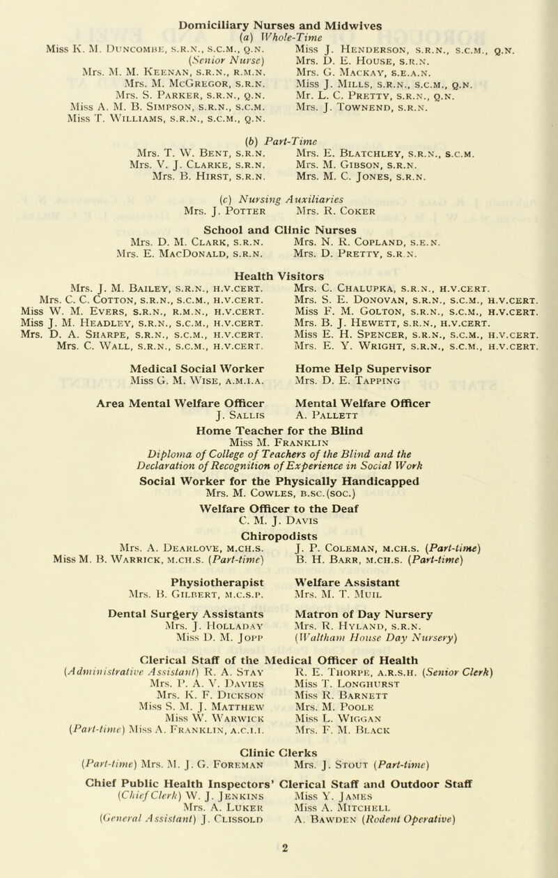 Domiciliary Nurses and Midwives (a) Whole-Time Miss K. M. Duncomhk, s.r.n., s.c.m., g.N. (Senior Nurse) Mrs. M. M. Keenan, s.r.n., r.m.n. Mrs. IM. McGregor, s.r.n. Mrs. S. Parker, s.r.n., q.n. Miss A. M. B. Simpson, s.r.n., s.c.m. Miss T. Williams, s.r.n., s.c.m., q.n. Miss J. Henderson, s.r.n., s.c.m., q.n. Mrs. D. E. House, s.r.n. Mrs. G. Mackay, s.e.a.n. Miss J. Mills, s.r.n., s.c.m., q.n. Mr. L. C. Pretty, s.r.n., q.n. Mrs. J. Townend, s.r.n. (b) Part-Time Mrs. T. W. Bent, s.r.n. Mrs. E. Blatchley, s.r.n., s.c.m. Mrs. V. J. Clarke, s.r.n. Mrs. M. Gibson, s.r.n. Mrs. B. Hirst, s.r.n. Mrs. M. C. Jones, s.r.n. (c) Nursing Auxiliaries Mrs. J. Potter Mrs. R. Coker School and Clinic Nurses Mrs. D. M. Clark, s.r.n. Mrs. N. R. Copland, s.e.n. Mrs. E. MacDonald, s.r.n. Mrs. D. Pretty, s.r n. Health Visitors Mrs. J. M. Bailey, s.r.n., h.v.cert. Mrs. C. C. Cotton, s.r.n., s.c.m., h.v.cert. Miss W. M. Evers, s.r.n., r.m.n., h.v.cert. Miss J. M. Headley, s.r.n., s.c.m., h.v.cert. Mrs. D. A. Sharpe, s.r.n., s.c.m., h.v.cert. Mrs. C. Wall, s.r.n., s.c.m., h.v.cert. Medical Social Worker Miss G. M. Wise, a.m.i.a. Mrs. C. Chalupka, s.r.n., h.v.cert. Mrs. S. E. Donovan, s.r.n., s.c.m., h.v.cert Miss F. M. Golton, s.r.n., s.c..m., h.v.cert Mrs. B. J. Hewett, s.r.n., h.v.cert. Miss E. H. Spencer, s.r.n., s.c.m., h.v.cert Mrs. E. Y. Wright, s.r.n., s.c.m., h.v.cert Home Help Supervisor Mrs. D. E. T.'VPping Area Mental Welfare Officer Mental Welfare Officer J. Sallis a. Pallett Home Teacher for the Blind Miss M. Franklin Diploma of College of Teachers of the Blind and the Declaration of Recognition of Experience in Soc ial Work Social Worker for the Physically Handicapped Mrs. M. Cowles, b.sc.(soc.) Welfare Officer to the Deaf C. M. J. Davis Chiropodists Mr.s. .\. Dearlove, m.ch.s. J. P. Coleman, m.ch.s. (Part-time) MissM. B. Warrick, m.ch.s. (Part-time) B. H. Barr, m.ch.s. (Part-time) Physiotherapist Mrs. B. Gilbert, m.c.s.p. Dental Surgery Assistants Mrs. J. Holladay Miss D. M. Jopp Welfare Assistant Mrs. M. T. Muil Matron of Day Nursery Mrs. R. Hyland, s.r.n. (Waltham House Day Nursery) Clerical Staff of the Medical Officer of Health (Administrative Assistant) R. Stay R. E. Thorpe, a.r.s.h. (Senior Clerk) Mrs. P. A. ].>avies Miss ']'. Longhurst Mrs. K. F. Dickson Miss R. Barnett Miss S. M. J. Matthew Mrs. IM. Poole Miss VV. Warwick Miss L. Wiggan Miss .A. Franklin, A.c.i.i. .Mrs. F. M. Black Clinic Clerks (Part-time) Mrs. .M. J. G. Foreman Mrs. J. Stout (Part-time) Chief Public Health Inspectors’ Clerical Staff and Outdoor Staff (Chief Clerk) W. J. Jenkins Miss Y. Jame.s Mrs. A. Luker Miss .A. Mitchell (Ceneral Assistant) J. Clissold A. Bawden (Rodent Operative)