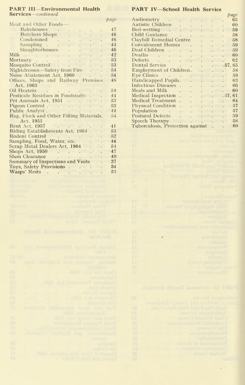 PART III—Environmental Health Services—coutin ued page Moat and (^ther Foods— Bakehouses 41 Butchers Shops . . . . 4() t'ondemned 4(i Sampling 44 Slaughterhouses . . . . 4(i Milk 42 Mortuary 52 Mosquito Control 52 Nightdresses—Safety from Fire . . 54 Noise Abatement Act, 1960 ... 54 Offices, Shops and Railway Bremi.ses 4S Act, 1962 Oil Heaters 54 Pesticide Residues in Foodstuffs . . 44 Pet Animals Act, 1951 . . . . 52 Pigeon Control 52 Public .Analyst 44 Rag, Flock and Other Filling Materials, 54 Act, 195! Rent Act, 1957 41 Riding Establishments Act, 1964 . 52 Rodent Control 52 Sampling, Food, Water, etc. . 44 Scrap Metal Dealers Act, 1964 . 54 Shops -Act, 1950 47 Slum Clearance 40 Summary of Inspections and Visits 37 Toys, Safety Provisions .... 54 Wasps’ Nests 52 PART IV—School Health Service page Audiometry 65 Autistic Children 60 Bed-wetting 59 Child Ouidance 5H Clayhill Remedial Centre ... 5k Convalescent Homes .... 59 Deaf Children 59 Deaths 60 1 )efects 62 Dental Serx ice 57, 65 Employment of Children .... 58 Ej’e Clinics 59 Handicap]5cd I'upils 62 Infectious Diseases 66 Meals and Milk 60 Medical Inspection .... .57,61 Medical Treatment 64 Physical Condition 57 Population 57 Postural Defects 59 Speech Therapy 58 Tuberculosis, Protection against . . 60