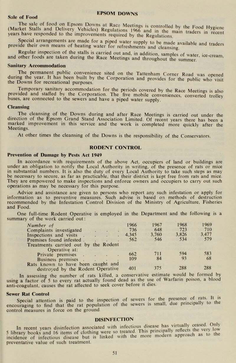 EPSOM DOWNS Sale of Food The sale of food on Epsom Downs at Race Meetings is controlled hv ihf u (Market Stalls and Delivery. Vehicles) Regulations I 96?andmthe‘ aderftn Et years have responded to the improvements required hy the Regulations. Special arrangements are made for a piped water supply to be made available and traders provide their own means of heating water for refreshments and cleansing. Regular inspection of the stalls is carried out and, in addition, samples of water ice-cream and other foods are taken during the Race Meetings and throughout the summer Sanitary Accommodation The permanent public convenience sited on the Tattenham Corner Road was opened during the year. It has been built by the Corporation and provides for the public who visit the Downs tor recreational purposes. Temporary sanitary accommodation for the periods covered by the Race Meetings is also provided and stalled by the Corporation. The five mobile conveniences, converted trolley buses, are connected to the sewers and have a piped water supply. Cleansing The cleansing of the Downs during and after Race Meetings is carried out under the direction of the Epsom Grand Stand Association Limited. Of recent years there has been a marked improvement in this service and the work is completed more quickly after the Meetings. At other times the cleansing of the Downs is the responsibility of the Conservators. RODENT CONTROL Prevention of Damage by Pests Act 1949 In accordance with requirements of the above Act, occupiers of land or buildings are under an obligation to notify the Local Authority in writing, of the presence of rats or mice in substantial numbers. It is also the duty of every Local Authority to take such steps as may be necessary to secure, as far as practicable, that their district is kept free from rats and mice. They are empowered to make inspections and enforce owners and occupiers to carry out such operations as may be necessary for this purpose. Advice and assistance are given to persons who report any such infestation or apply for information as to preventive measures. Such advise is based on methods of destruction recommended by the Infestation Control Division of the Ministry of Agriculture. Fisheries and Food. One full-time Rodent Operative is employed in the Department and the following is a summary of the work carried out: Number of 1966 1967 1968 1969 Complaints investigated 736 648 723 710 Inspections and visits 4,345 3,760 3,826 3.477 Premises found infested . Treatments carried out by Operative at: the Rodent 562 546 534 579 Private premises 662 711 594 583 Business premises . Rats known to have been caught and 109 84 93 68 destroyed by the Rodent Operative 401 375 288 288 In assessing the number of rats killed, a conservative estimate would be formed by using a factor of 5 to every rat actually found dead as the use of Warfarin poison, a blood anti-coagulant, causes the rat affected to seek cover before it dies. Sewer Rat Control Special attention is paid to the inspection of sewers encouraging to find that the rat population of the sewers control measures in force on the ground for the presence of rats. It is is small, due principally to the DISINFECTION In recent years disinfection associated with infectious disease has virtually ceased. i >1.^ ■. cn trpatpf This nrincmall Only disinfection associated with infectious aisease ' library books and 16 items of clothing were so treated. This principally reflects tl y ncidence of infectious disease but is linked with the more mod pp >reventative value of such treatment.