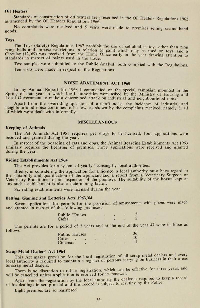 Oil Heaters Standards of construction of oil heaters arc prescribed in the Oil Heaters as amended by the Oil Heaters Regulations 1966. Regulations 1962 No complaints were received and 5 visits were made to premises selling second-hand goods. Toys The Toys (Safety) Regulations 1967 prohibit the use of celluloid in toys other than ping pong balls and impose restrictions in relation to paint which may be used on toys, and a Circular (12/69) was received from the Home Office early in the year drawing attention to standards in respect of paints used in the trade. Two samples were submitted to the Public Analyst; both complied with the Regulations. Ten visits were made in respect of the Regulations. NOISE ABATEMENT ACT 1960 In my Annual Report for 1968 I commented on the special campaign mounted in the Spring of that year in which local authorities were asked by the Ministry of Housing and Local Government to make a determined attack on industrial and neighbourhood noise. Apart from the overriding question of aircraft noise, the incidence of industrial and neighbourhood noise continues to be low, as shown by the complaints received, namely 8, all of which were dealt with informally. MISCELLANEOUS Keeping of Animals The Pet Animals Act 1951 requires pet shops to be licensed; four applications were received and granted during the year. In respect of the boarding of cats and dogs, the Animal Boarding Establishments Act 1963 similarly requires the licensing of premises. Three applications were received and granted during the year. Riding Establishments Act 1964 The Act provides for a system of yearly licensing by local authorities. Briefly, in considering the application for a licence, a local authority must have regard to the suitability and qualification of the applicant and a report from a Veterinary Surgeon or Veterinary Practitioner of an inspection of the premises. The suitability of the horses kept at any such establishment is also a determining factor. Six riding establishments were licensed during the year. Betting, Gaming and Lotteries Acts 1963/64 Seven applications for permits for the provision of amusements with prizes were made and granted in respect of the following premises: Public Houses .... 5 Cafes 2 The permits are for a period of 3 years and at the end of the year 47 were in force as follows; Public Houses .... 36 Cafes Cinemas Scrap Metal Dealers’ Act 1964 This Act makes provision for the local registration of all scrap local authority is required to maintain a register of persons carrying on nisn css as scrap metal dealers. There is no discretion to refuse registration, which can be ellective for three years, an will be cancelled unless application is received for its renewal. Apart from the registration by the local authority the dealer is required tokeep a record of his dealings in scrap metal and this record is subject to scrutiny y Eight premises are so registered.