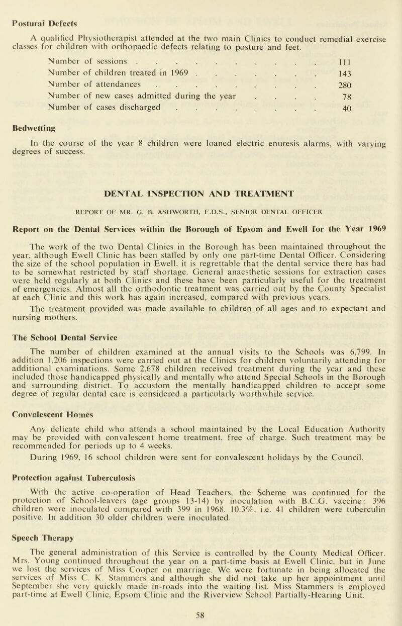 Postural Defects A qualified Physiotherapist attended at the two main Clinics to conduct remedial exercise classes for children with orthopaedic defects relating to posture and feet. Number of sessions . . . . . . . . . . l|| Number of children treated in 1969 ....... 143 Number of attendances ......... 280 Number of new cases admitted during the year .... 78 Number of cases discharged ........ 40 Bedwetting In the course of the year 8 children were loaned electric enuresis alarms, with varying degrees of success. DENTAL INSPECTION AND TREATMENT REPORT OF MR. G. B. ASHWORTH, F.D.S., SENIOR DENTAL OFFICER Report on the Dental Sen ices within the Borough of Epsom and Ewell for the Year 1969 The work of the two Dental Clinics in the Borough has been maintained throughout the year, although Ewell Clinic has been staffed by only one part-time Dental Officer. Considering the size of the school population in Ewell, it is regrettable that the dental service there has had to be somewhat restricted by stall' shortage. General anaesthetic sessions for extraction cases were held regularly at both Clinics and these have been particularly useful for the treatment of emergencies. Almost all the orthodontic treatment was carried out by the County Specialist at each Clinic and this work has again increased, compared with previous years. The treatment provided was made available to children of all ages and to expectant and nursing mothers. The School Dental Service The number of children examined at the annual visits to the Schools was 6.799. In addition 1,206 inspections were carried out at the Clinics for children voluntarily attending for additional examinations. Some 2.678 children received treatment during the year and these included those handicapped physically and mentally who attend Special Schools in the Borough and surrounding district. To accustom the mentally handicapped children to accept some degree of regular dental care is considered a particularly worthwhile service. Convalescent Homes Any delicate child who attends a school maintained by the Local Education Authority may be provided with convalescent home treatment, free of charge. Such treatment may be recommended for periods up to 4 weeks. During 1969, 16 school children were sent for convalescent holidays by the Council. Protection against Tuberculosis With the active co-operation of Head Teachers, the Scheme was continued for the protection of School-leavers (age groups 13-14) by inoculation with B.C.G. vaccine: 396 children were inoculated compared with 399 in 1968. 10.3%, i.e. 41 children were tuberculin positive. In addition 30 older children were inoculated Speech Therapy The general administration of this Service is controlled by the County Medical Officer. Mrs. Young continued throughout the year on a part-time basis at Ewell Clinic, but in June we lost the services of Miss Cooper on marriage. We were fortunate in being allocated the services of Miss C. K. Stammers and although she did not take up her appointment until September she very quickly made in-roads into the waiting list. Miss Stammers is employed part-time at Ewell Clinic, Epsom Clinic and the Riverview School Partially-Hearing Unit.