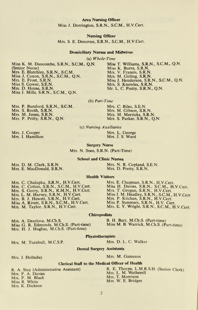 Area Nursing Officer Miss J. Dorrington, S.R.N., S.C.M.. H.V.Cert. Nursing Officer Mrs. S. E. Donovan, S.R.N., S.C.M., H.V.Cert. Domiciliary Nurses and Michvives (a) Whole-Time Miss K. M. Duncombe, S.R.N., S.C.M.. (Senior Nurse) Mrs. E. Blatchley, S.R.N.. S.C.M. Miss J. Coxon, S.R.N., S.C.M., Q.N. Mrs. E. Frost, S.R.N. Miss S. Gower, S.E.N. Mrs. D. House, S.R.N. Miss J. Mills, S.R.N., S.C.M., Q.N. Mrs. P. Bamford, S.R.N., S.C.M. Mrs. S. Booth, S.R.N. Mrs. M. Jones, S.R.N. Mrs. P. Pritty, S.R.N., Q.N. Q.N. Miss T. WiUiams, S.RJ^., S.C.MQ.N. Miss K. Bums, S.R.N. Mrs. V. Francis, S.R.N. Mrs. M. Girling, S.R.N. Miss J. Henderson, S.R.N., S.C.M., Q.N. Mrs. S. Knowles, S.R.N. Mr. L. C. Pretty. S.R.N., Q.N. (b) Part-Time Mrs. C. Biles, S.E.N. Mrs. M. Gibson, S.R.N. Mrs. M. Merricks, S.R.N. Mrs. S. Parker, S.R.N., Q.N. Mrs. J. Cooper Mrs. I. Hamilton Mrs. D. M. Qark, S.R.N. Mrs. E. MacDonald, S.R.N. (c) Nursing A uxiliaries Mrs. L. George Mrs. J. S. Ward Surgery Nurse Mrs. N. Snee, S.R.N. (Part-Time) School and Clinic Nurses Mrs. N. R. Copland, S.E.N. Mrs. D. Pretty, S.R.N. Health Mrs. C. Chalupka, S.R.N., H.V.Cert. Mrs. C. Cotton, S.R.N., S.C.M., H.V.Cert. Mrs. S. Gorry, S.R.N., R.M.N., H.V.Cert. Mrs. L. M. Harvey, S.R.N., H.V.Cert. Mrs. B. J. Hewett, S.R.N., H.V.Cert. Miss A. Rivett, S.R.N., S.C.M., H.V.Cert. Mrs. M. Taylor, S.R.N., H.V.Cert. Visitors Mrs. E. Chapman, S.R.N., H.V.Cert. Miss H. Davies, S.R.N., S.C.M., H.V.Cert. Mrs. T. Grogan, S.R.N., H.V.Cert. Miss J. M. Headley, S.R.N., S.C.M., H.V.Cert Mrs. P. Kitchen, S.R.N., H.V.Cert. Miss P. Summers, S.R.N., H.V. Cert. Mrs. E. Y. Wright, S.R.N., S.C.M., H.V.Cert. Chiropodists Mrs. A. Dearlove, M.Ch.S. B. H. Barr, M.Ch.S. (Part-time) Miss G. R. Edmonds, M.Ch.S. (Part-time) Miss M. B. Warrick, M.Ch.S. (Part-time) Mrs. H. J. Hughes, M.Ch.S. (Part-time) Mrs. M. Turnbull, M.C.S.P. Physiotherapists Mrs. D. L. C. Walker Dental Surgery Assistants Mrs. J. Holladay M rs. M. Gameson Clerical Staff to the Medical Officer of Health R. A. Stay (Administrative Assistant) Mrs. P. A. Davies Mrs. F. M. Black Miss R. White Mrs. K. Dickson R. E. Thorpe, L.M.R.S.H. (Senior Clerk) Mrs. L. M. Wetherell Mrs. T. Morrison Mrs. W. E. Bridges 1