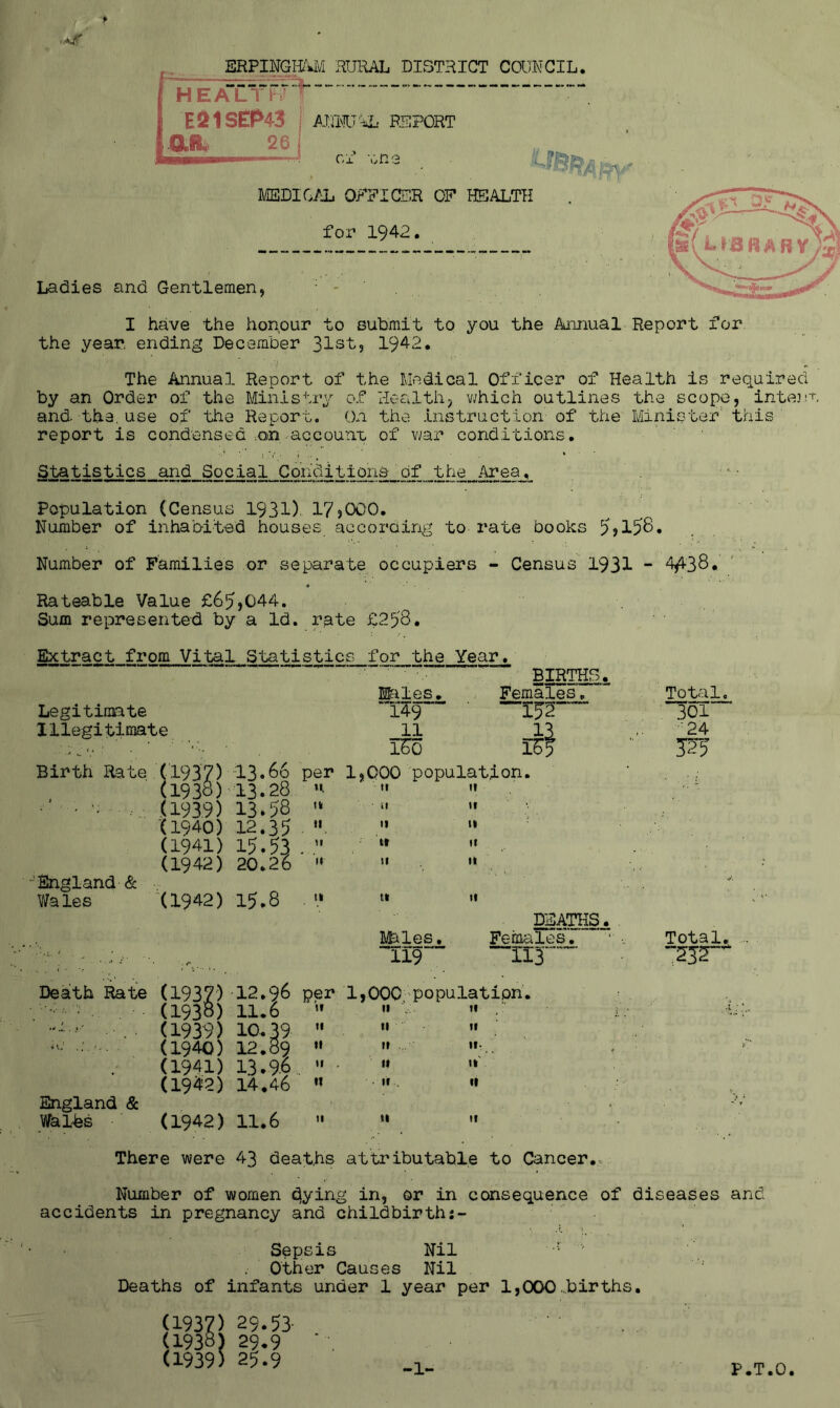 ..<r ERFiMgay/j ainuL disthict caiKCiL. H E aTTFiT^^^ ■■■ Eft1SEP43 an# 26 ATa'KT-i. PBPORT Gx -on 9 MEDIG/i Of-TIGER OF HEALTH for 1942. Ladies and Gentlemen, I have the honour to submit to you the Annual Report for the year ending Decamber 31st5 1942, i' The Annual Report of the Medical Officer of Health is required by an Order of the Ministry of Health, vvhich outlines the scope, inte3n, and- the. use of the Report. On the instruction of the Minister' this report is condensed .on. account of v^ar conditions. Statistics and Social Conditions of the Area, • • Population (Census 1931). 17}000. Number of inhabited houses accordiri^:| to rate books ^,158. Number of Families or separate occupiers - Census 1931 * 4^38. « Rateable Value £6;?,044. Sum represented by a Id. rate £258. Extract from Vital Statistics for the Year. BIRTHS. Legitimate Illegitimate Birth Rate (.1937) 13•86 per 1,000 population. (1938)13.28 ’«• • (1939) 13.58 (1940) 12.35 (1941) 15.53 (1942) 20.26 E^les. . Females, Total, “l?9 301 11 24 iS5 J25 Ik M M M It il II tl II 'England & Wa les (1942) 15.8 »• tt 119 ■ DEATHS. Females. Death ^te (1937) 12.96 per 1,000 populatiDn’. , (1938) 11.6 ■ ■. (1939) 10.39  (1940) 12.89  (1941) 13.96.  ■ (1942) 14.46  England & Walhs (1942) 11.6  II tl II It II tl Total. There were 43 deaths attributable to Cancer.. Number of women dying in, or in consequence of diseases and accidents in pregnancy and childbirthj- Sepsis Nil ' Other Causes Nil Deaths of infants under 1 year per 1,000..births, q93?) 29.53- (1938) 29.9 ■ . (1939) 25.9 -1- F.T.O