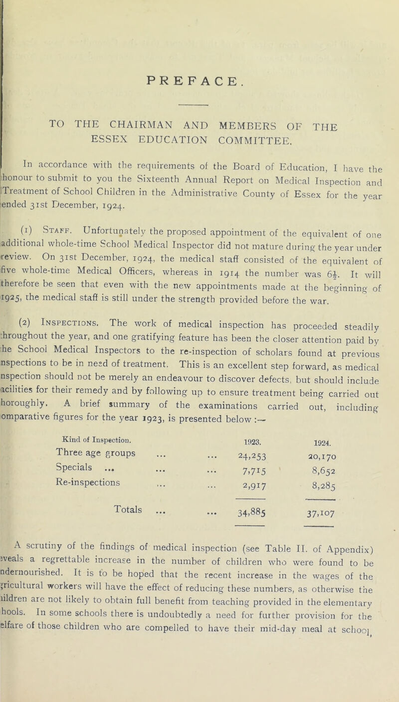 PREFACE. TO THE CHAIRMAN AND MEMBERS OF THE ESSEX EDUCATION COMMITTEE. In accordance with the requirements of the Board of Education, I have the honour to submit to you the Sixteenth Annual Report on Medical Inspection and Treatment of School Children in the Administrative County of Essex for the year :ended 31st December, 1924. (i) Staff. Unfortunately the proposed appointment of the equivalent of one additional whole-time School Medical Inspector did not mature during^ the year under review. On 31st December, 1924, the medical staff consisted of the equivalent of five whole-time Medical Officers, whereas in 1914 the number was 61. It will therefore be seen that even with the new appointments made at the beginning of 1925, the medical staff is still under the strength provided before the war. (2) Inspections. The work of medical inspection has proceeded steadily ;hroughout the year, and one gratifying feature has been the closer attention paid by he School Medical Inspectors to the re-inspection of scholars found at previous nspections to be in need of treatment. This is an excellent step forward, as medical nspection should not be merely an endeavour to discover defects, but should include acilities for their remedy and by following up to ensure treatment being carried out horoughly. A brief summary of the examinations carried out, including omparative figures for the year 1923, is presented below Kind of Inspection. Three age groups Specials Re-inspections Totals 1923. 1924. 24-253 20,170 7,715 8,652 2,917 8,285 34,885 37.107 A scrutiny of the findings of medical inspection (see Table H. of Appendix) weals a regrettable increase in the number of children who were found to be ndernourished. It is to be hoped that the recent increase in the wages of the jricultural workers will have the effect of reducing these numbers, as otherwise the lildren are not likely to obtain full benefit from teaching provided in the elementary hools. In some schools there is undoubtedly a need for further provision for the slfare of those children who are compelled to have their mid-day meal at schoo]