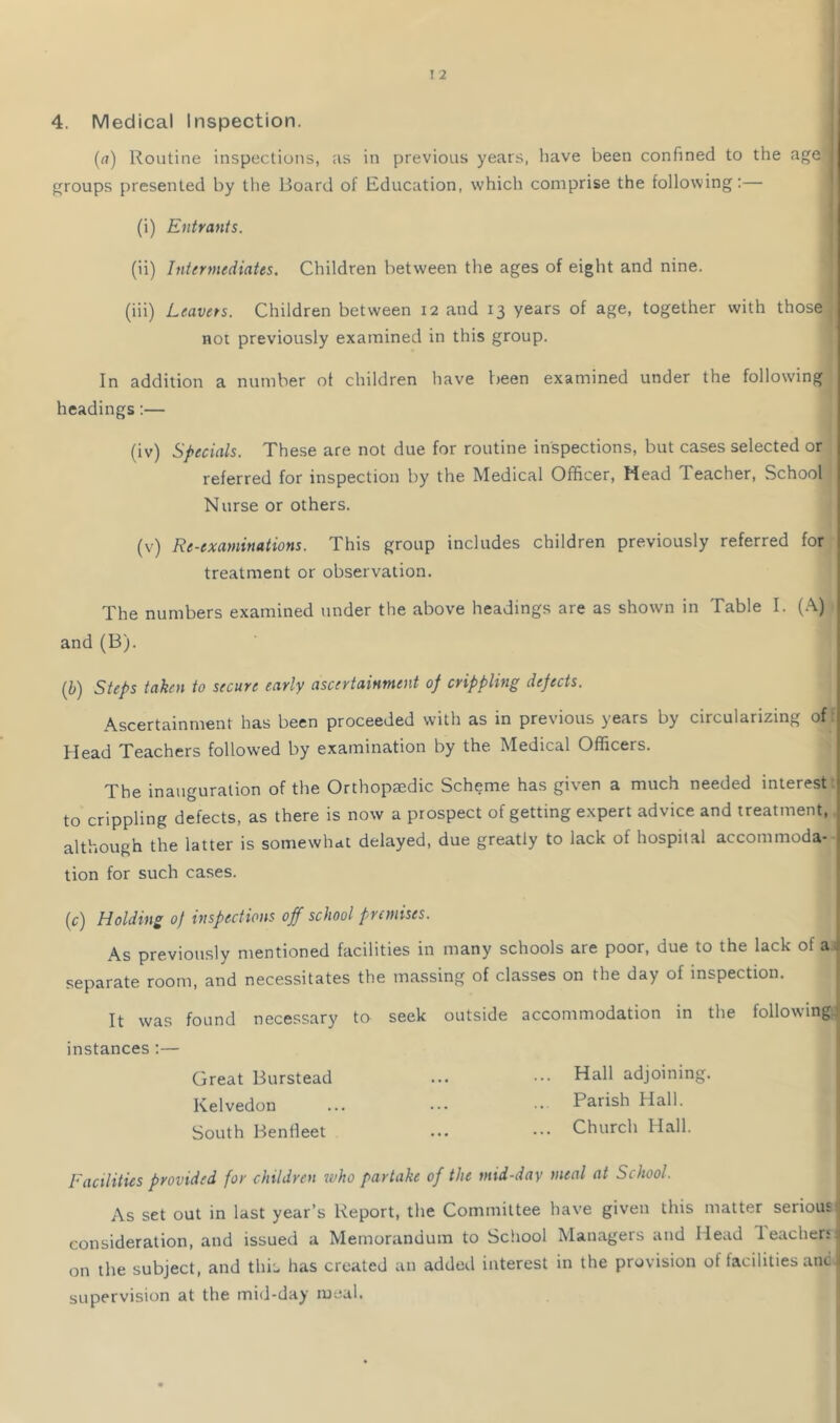 (rt) Routine inspections, :is in previous years, have been confined to the age groups presented by the Board of Education, which comprise the following;— (i) Entrants. (ii) Intermediates. Children between the ages of eight and nine. (iii) Leavers. Children between 12 and 13 years of age, together with those not previously examined in this group. In addition a number ot children have been examined under the following headings:— (iv) Specials. These are not due for routine inspections, but cases selected or referred for inspection by the Medical Officer, Mead Teacher, School Nurse or others. (v) Re-examinations. This group includes children previously referred for treatment or observation. The numbers examined under the above headings are as shown in Table I. (A) and (B). Q}) Steps taken to secure early ascertainment op crippling defects. Ascertainment has been proceeded with as in previous years by circularizing of I Head Teachers followed by examination by the Medical Officers. The inauguration of the Orthopaedic Scheme has given a much needed interest: to crippling defects, as there is now a prospect of getting expert advice and treatment, although the latter is somewhat delayed, due greatly to lack of hospital accommoda- tion for such cases. (r) Holding of inspections off school premises. As previously mentioned facilities in many schools are poor, due to the lack of a; separate room, and necessitates the massing of classes on the day of inspection. It was found necessary to seek outside accommodation in the following.! instances:— * Great Burstead ... Hall adjoining. Kelvedon ... •• Parish Hall. South Benfleet ... ••• Church Hall. Facilities provided for children who partake of the mid-day meal at School. As set out in last year’s Report, the Committee have given this matter serious t consideration, and issued a Memorandum to School Managers and Head leacherfi on the subject, and thi- has created an added interest in the provision of facilities ancJ supervision at the mid-day meal.