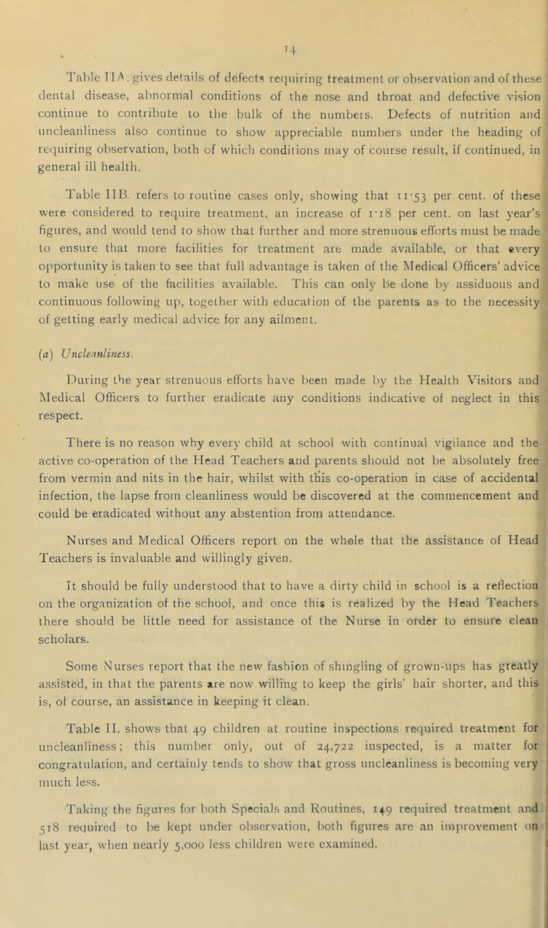 H Table 11 A. gives details of defects reejuiring treatment or observation and of these dental disease, abnormal conditions of the nose and throat and defective vision continue to contribute to the bulk of the numbers. Defects of nutrition and uncleanliness also continue to show appreciable numbers under the heading of re(iuiring observation, both of which conditions may of course result, if continued, in general ill health. Table IIB. refers to routine cases only, showing that ii'53 per cent, of these were considered to require treatment, an increase of I'i8 per cent, on last year’s figures, and would tend to show that further and more strenuous efforts must be made to ensure that more facilities for treatment are made available, or that every opportunity is taken to see that full advantage is taken of the Medical Officers’ advice to make use of the facilities available. This can only be done by assiduous and continuous following up, together with education of the parents as to the necessity of getting early medical advice for any ailment. (a) Uncleanliness. During the year strenuous efforts have been made by the Health Visitors and Medical Officers to further eradicate any conditions indicative of neglect in this respect. There is no reason why every child at school with continual vigilance and the active co-operation of the Head Teachers and parents should not be absolutely free from vermin and nits in the hair, whilst with this co-operation in case of accidental infection, the lapse from cleanliness would be discovered at the commencement and could be eradicated without any abstention from attendance. Nurses and Medical Officers report on the whole that the assistance of Head Teachers is invaluable and willingly given. It should be fully understood that to have a dirty child in school is a reflection on the organization of the school, and once this is realized by the Head Teachers there should be little need for assistance of the Nurse in order to ensure clean scholars. Some Nurses report that the rtew fashion of shingling of grown-ups has greatly assisted, in that the parents are now willing to keep the girls’ hair shorter, and this is, of course, an assistance in keeping it clean. Table 11, shows that 49 children at routine inspections required treatment for uncleanliness; this number only, out of 24,722 inspected, is a matter for I congratulation, and certainly tends to show that gross uncleanliness is becoming very ' much less. Taking the figures for both Specials and Routines, 149 required treatment and I 518 retiuired to be kept under observation, both figures are an improvement on ( last year, when nearly 5,000 less children were examined. \