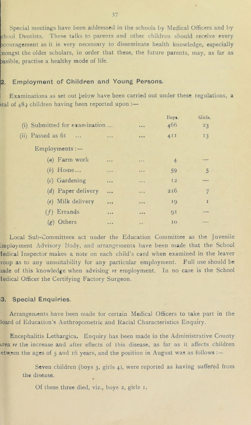 Special meetings have been addressed in the schools by IMcdical Officers and by chool Dentists. These talks to parents and other children should receive every icouragement as it is very necessary to disseminate health knowledge, especially nongst the older scholars, in order that these, the future parents, may, as far as jssible, practise a healthy mode of life. 2. Employment of Childr’en and Young Persons. Examinations as set out t'elow have been carried out under these regulations, a )tal of 484 children having been reported upon :— Boyg. Girls. (i) Submitted for examination ... 466 23 (ii) Passed as fit 4II 13 Employments: — (d) Farm work 4 — {h) Home... 59 5 (c) Gardening 12 — (d) Paper delivery 216 7 (<f) Milk delivery ^9 1 (/) Errands 91 — (g) Others 10 — Local Sub-Committees act under the Education Committee as the Juvenile employment Advisory Body, and arrangements have been made that the School ledical Inspector makes a note on each child’s card when examined in the leaver roup as to any unsuitability for any particular employment. Full use should be lade of this knowledge when advising vt employment. In no case is the School ledical Officer the Certifying Factory Surgeon. 3. Special Enquiries. Arrangements have been made for certain Medical Officers to take part in the Idard of Education’s Anthropometric and Racial Characteristics Enquiry. Encephalitis Lethargica. Enquiry has been made in the Administrative County irea rt the increase and after effects of this disease, as far as it affects children etween the ages of 5 and 16 years, and the position in August was as follows : — Seven children (boys 3, girls 4), were reported as having suffered from the disease. Of these three died, viz., boys 2, girls i.