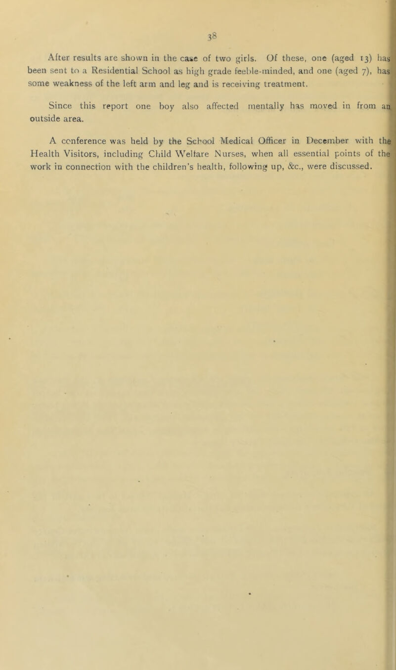 After results are shown in the case of two girls. Of these, one (aged 13) has been sent to a Residential School as high grade feeble-minded, and one (aged 7), has some weakness of the left arm and leg and is receiving treatment. Since this report one boy also alTected mentally has moved in from an, outside area. A conference was held by the School Medical Officer in December with the Health Visitors, including Child Welfare Nurses, when all essential points of the work in connection with the children’s health, following up, &c., were discussed. '