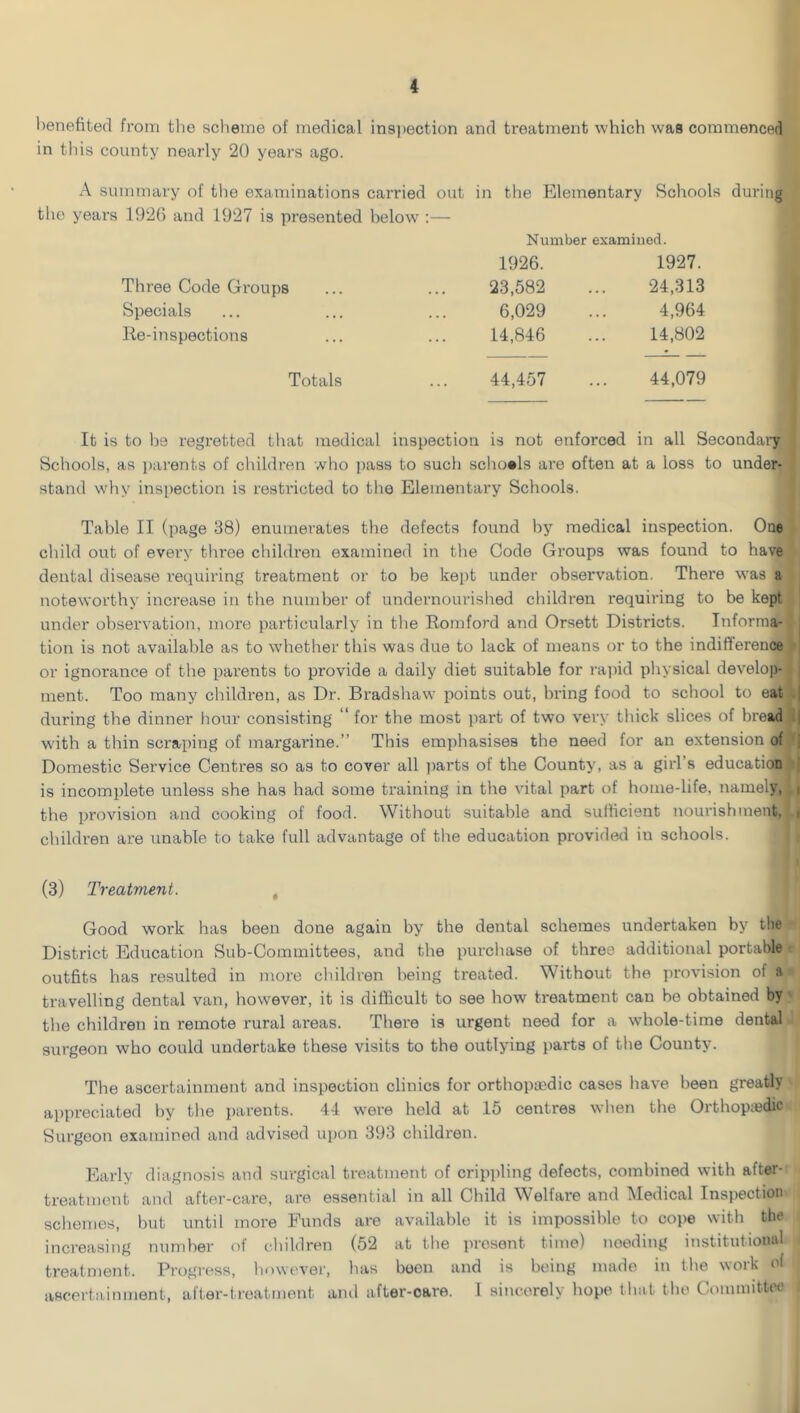 benefited from the scheme of medical inspection and treatment which was commenced in this county nearly 20 years ago. A summary of the examinations carried out in the Elementary Schools during tlie years 192(5 and 1927 is presented below :— Number examined. 1926. 1927. Three Code Groups 23,582 24,313 Specials 6,029 4,964 Re-inspections 14,846 14,802 Totals 44,457 44,079 It is to he regretted that medical inspection is not enforced in all Secondaiy Schools, as parents of children who jjass to such sclioels are often at a loss to under- stand why inspection is restricted to the Elementary Schools. Table II (page 38) enumei'ates the defects found by medical inspection. One child out of every three children examined in the Code Groups was found to have dental disease requiring treatment or to be kept under observation. There was a noteworthy increase in the number of undernourished children requiring to be kept under observation, more particularly in the Romford and Orsett Districts. Informa- j tion is not available as to wdiether this was due to lack of means or to the indifference i or ignorance of the parents to provide a daily diet suitable for ra])id physical develop- ment. Too many children, as Dr. Bradshaw points out, bring food to school to eat .| during the dinner liour consisting “ for the most part of two very thick slices of bread .| with a thin scraping of margarine.” This emphasises the need for an extension of j Domestic Service Centres so as to cover all ])ai'ts of the County, as a girl’s education ■ is incomplete unless she has had some training in the vital part of home-life, namely, i the provision and cooking of food. Without suitable and sufficient nourishment, i children are unable to take full advantage of the education provided in schools. (3) Treatment. , Good work has been done again by the dental schemes undertaken by tlie District Education Sub-Committees, and the purcliase of three additional portable outfits has resulted in more children being treated. Without the provision of a travelling dental van, however, it is difficult to see how treatment can be obtained by the children in I'emote rural areas. There is urgent need for a wdiole-time dental surgeon who could undertake these visits to the outlying parts of tlie County. The ascertainment and inspection clinics for orthopiedic cases have been greatly appreciated by the parents. 44 were held at 15 centres wlien the Orthop;edic Surgeon examined and advised upon 393 children. Early diagnosis and surgical treatment of crippling defects, combined with after- treatment and after-care, are essential in all Child Welfare and Medical Inspection schemes, but until more Funds are available it is impossible to cope with the increasing number of children (52 at the present time) needing institutional treatment. Progi-ess, however, has boon and is being made in the work ol ascertainment, after-treatment ami after-care. I sincerely hope that the Committee