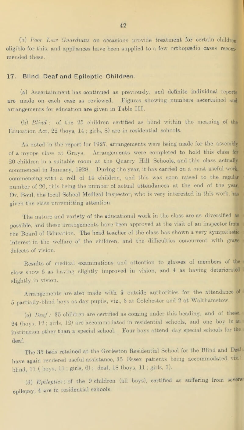 (li) J^oor Lull' Chutrdians on occasions provide treatment for certain cliildren eligilde for tliis, and appliances have been sni)plied to a few ortliopaedio cases recom- mended these. 17. Blind, Deaf and Epileptic Children. (a) Ascortainment lias continued as previously, and definite individual reports are made on each case as reviewed. Figures showing numbers ascertained and arrangements for education are given in Table III. (h) Blind : of the 25 children certified as blind within the meaning of the Education .\ct, 22 (hoys, 14 ; girls, 8) are in residential schools. -Vs noted in the report for 1927, arrangements were being made for the assembly of a myope class at (Irays. Arrangements were completed to hold this class for 2(1 chihh'en m a suitable room at the (.Quarry Hill Schools, and this class actually commenced in January, 1928. During the year, it has carried on a most useful work, commencing with a roll of 14 children, and this was soon raised to the regular number of 20, this being the number of actual attendances at the end of the year. Dr. Boul, the local School Medical Inspector, who is very interested in this work, has given the class unremitting attention. The nature and variety of the educational work in the class are as diversified as possible, and these ari'angements have been approved at the visit of an inspector from the Board of Education. The head teacher of the class has shown a very sympathetic interest in the welfare of the children, and the difficulties concurrent with grave defects of vision. Results of medical examinations and attention to glasses of members of the class show () as having slightly improved in vision, and 4 as having deteriorate<l slightly in vision. .\rrangements ii.)'e also made with 2 outside authorities for the attendance of 5 partially-blind hoys as day pupils, viz., 3 at Colchester and 2 at Walthamstow. (c) Deaf: 35 children are cei’tified as coming under this heading, and of these, 24 (boys, 12 ; girls, 12) are accommodated in residential schools, and one boy in an institution other than a special school. Four hoys attend day special schools for the deaf. The 35 beds retained at the Gorleston Residential School for the Blind and Deaf have again rendered useful assistance, 35 Essex patients being accommodated, viz.: blind, 17 ( hoys, 11 ; girls, (5) : deaf, 18 (boys, 11 ; girls, 7). (d) Einlepticx: the 9 children (all boys), certified as sulTering from severe epilepsy, 4 aie in residential schools.