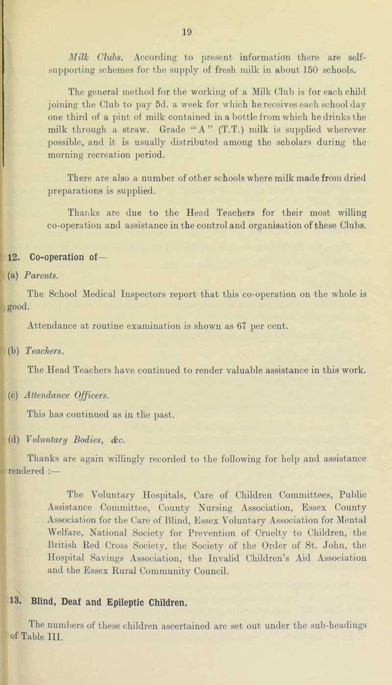 Milk Chibs. According to present information there are self- supporting schemes for the supply of fresh milk in about 150 schools. The general method for the working of a Milk Club is for each child joining the Club to pay 5d. a week for which he receives each school day one third of a pint of milk contained in a bottle from which he drinks the milk through a straw. Grade “A” (T.T.) milk is supplied wherever possible, and it is usually distributed among the scholars during the morning recreation period. There are also a number of other schools where milk made from dried preparations is supplied. Thanks are due to the Head Teachers for their most willing co-operation and assistance in the control and organisation of these Clubs. 12. Co-operation of— (a) Parents. The School Medical Inspectors report that this co-operation on the whole is good. Attendance at routine examination is shown as 67 per cent. (b) Teachers. The Head Teachers have continued to render valuable assistance in this work. (c) Attendance Officers. This has continued as in the past. (d) Voluntary Bodies, &c. Thanks are again willingly recorded to the following for help and assistance rendered :— The Voluntary Hospitals, Care of Children Committees, Public Assistance Committee, County Nursing Association, Essex County Association for the Care of Blind, Essex Voluntary Association for Mental Welfare, National Society for Prevention of Cruelty to Children, the British Red Cross Society, the Society of the Order of St. John, the Hospital Savings Association, the Invalid Children’s Aid Association and the Essex Rural Community Council. 13. Blind, Deaf and Epileptic Children. The numbers of these children ascertained are set out under the sub-headings of Table III.