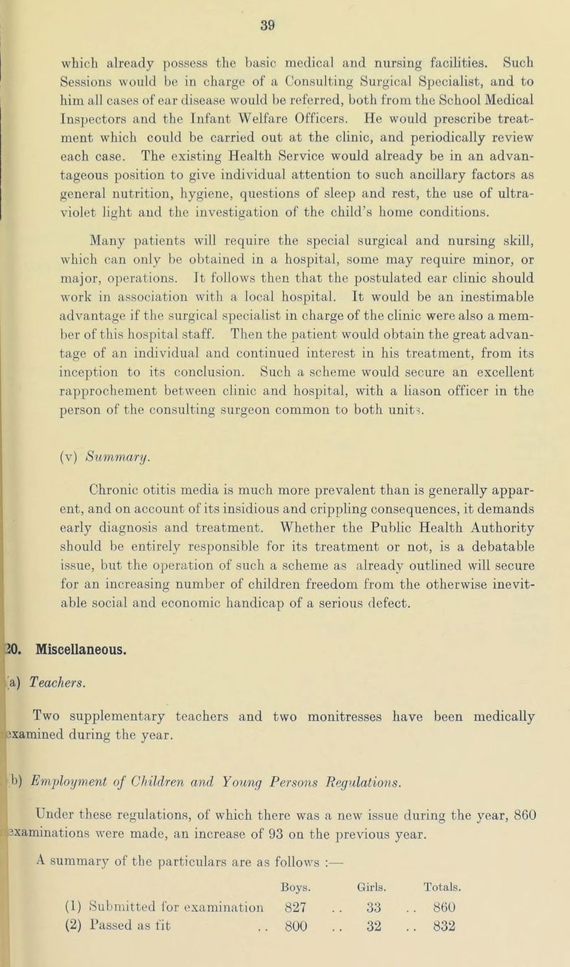 which already possess tlic basic medical and nursing facilities. Such Sessions would be in charge of a Consulting Surgical Specialist, and to him all cases of ear disease would be referred, both from the School Medical Inspectors and the Infant Welfare Officers. He would prescribe treat- ment which could be carried out at the clinic, and periodically review each case. The existing Health Service would already be in an advan- tageous position to give individual attention to such ancillary factors as general nutrition, hygiene, questions of sleep and rest, the use of ultra- violet light and the investigation of the child’s home conditions. Many patients will require the special surgical and nursing skill, which can only be obtained in a hospital, some may require minor, or major, operations. It follows then that the postulated ear clinic should work in association with a local hosjjital. It would be an inestimable advantage if the surgical specialist in charge of the clinic were also a mem- ber of this hospital staff. Then the patient would obtain the great advan- tage of an individual and continued interest in his treatment, from its inception to its conclusion. Such a scheme would secure an excellent rapprochement between clinic and hospital, with a liason officer in the person of the consulting surgeon common to both units. (v) Summary. Chronic otitis media is much more prevalent than is generally appar- ent, and on account of its insidious and crippling consequences, it demands early diagnosis and treatment. Whether the Public Health Authority should be entirely responsible for its treatment or not, is a debatable issue, but the operation of such a scheme as already outlined will secure for an increasing number of children freedom from the otherwise inevit- able social and economic handicap of a serious defect. 10. Miscellaneous. a) Teachers. Two supplementary teachers and two monitresses have been medically '.xamined during the year. b) Employment of Children and Young Persons Regulations. Under these regulations, of which there was a new issue during the year, 860 examinations were made, an increase of 93 on the previous year. A summary of the particulars are as follows :— Boys. Girls. Totals. (1) Submitted for examination 827 33 . . 860 (2) Passed as fit 800 . ,. 32 .. 832