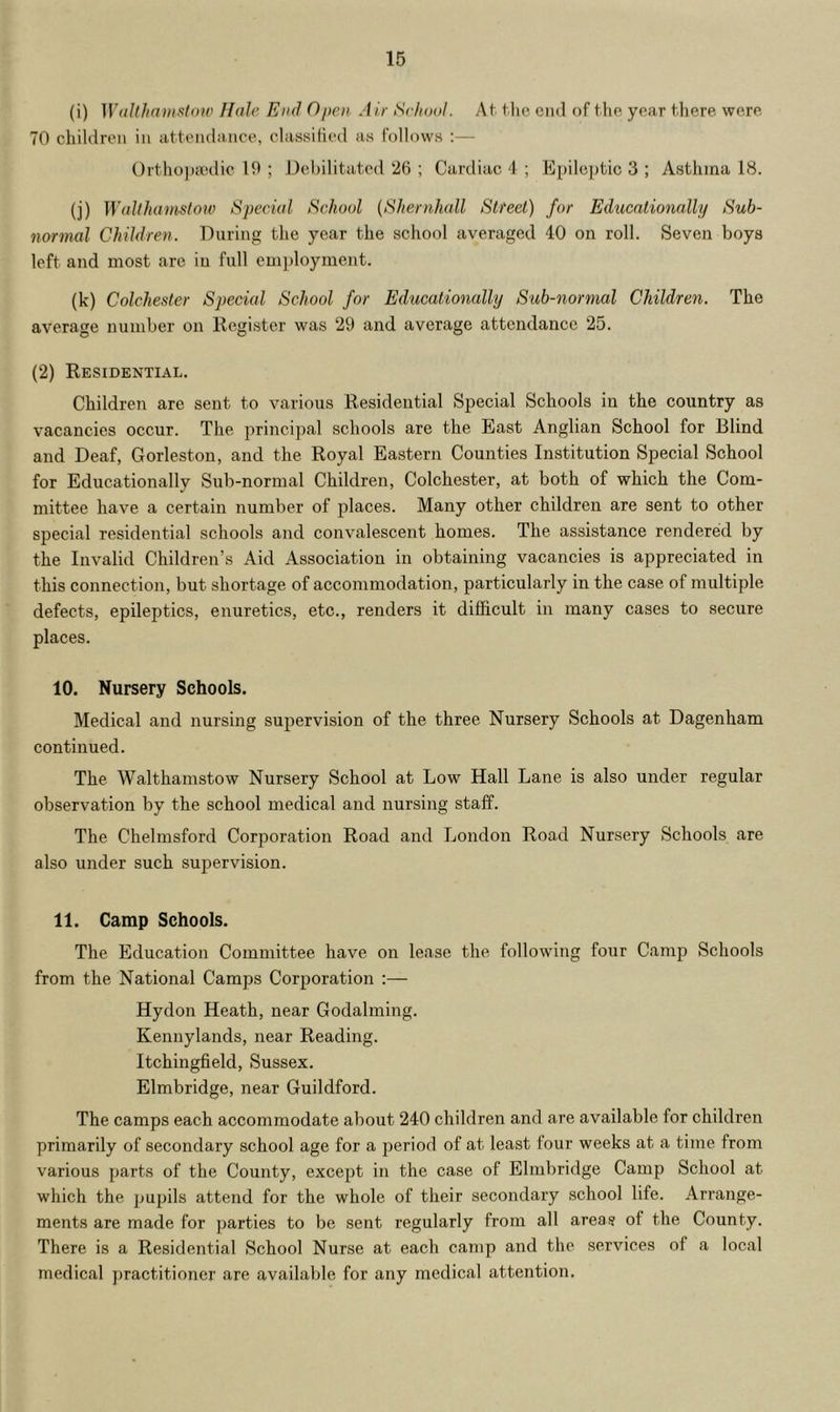 (i) ]V(iIth(i)nst()iv Hale End Open Air School. At. tlic end of the year there were 70 children in attendance, elassitied as follows :— ()rtho])!iHlic 19 ; Dehilitated 26 ; Cardiac 4 ; Epilc])tic 3 ; Asthma 18. (j) Walthamstow Special School {Shernhall Slfeet) for Educationally Sub- normal Children. During the year the school averaged 40 on roll. Seven boys left and most are in full cm})loyment. (k) Colchester Special School for Educationally Sub-normal Children. The average number on Regi.ster was 29 and average attendance 25. (2) Residential. Children are sent to various Residential Special Schools in the country as vacancies occur. The principal schools are the East Anglian School for Blind and Deaf, Gorleston, and the Royal Eastern Counties Institution Special School for Educationally Sub-normal Children, Colchester, at both of which the Com- mittee have a certain number of places. Many other children are sent to other special residential schools and convalescent homes. The assistance rendered by the Invalid Children’s Aid Association in obtaining vacancies is appreciated in this connection, but shortage of accommodation, particularly in the case of multiple defects, epileptics, enuretics, etc., renders it difficult in many cases to secure places. 10. Nursery Schools. Medical and nursing supervision of the three Nursery Schools at Dagenham continued. The Walthamstow Nursery School at Low Hall Lane is also under regular observation by the school medical and nursing staff. The Chelmsford Corporation Road and London Road Nursery Schools are also under such supervision. 11. Camp Schools. The Education Committee have on lease the following four Camp Schools from the National Camps Corporation Hydon Heath, near Godaiming. Kennylands, near Reading. Itchingfield, Sussex. Elmbridge, near Guildford. The camps each accommodate about 240 children and are available for children primarily of secondary school age for a period of at least four weeks at a time from various parts of the County, except in the case of Elmbridge Camp School at which the pupils attend for the whole of their secondary school life. Arrange- ments are made for parties to be sent regularly from all areas of the County. There is a Residential School Nurse at each camp and the services of a local medical practitioner are available for any medical attention.