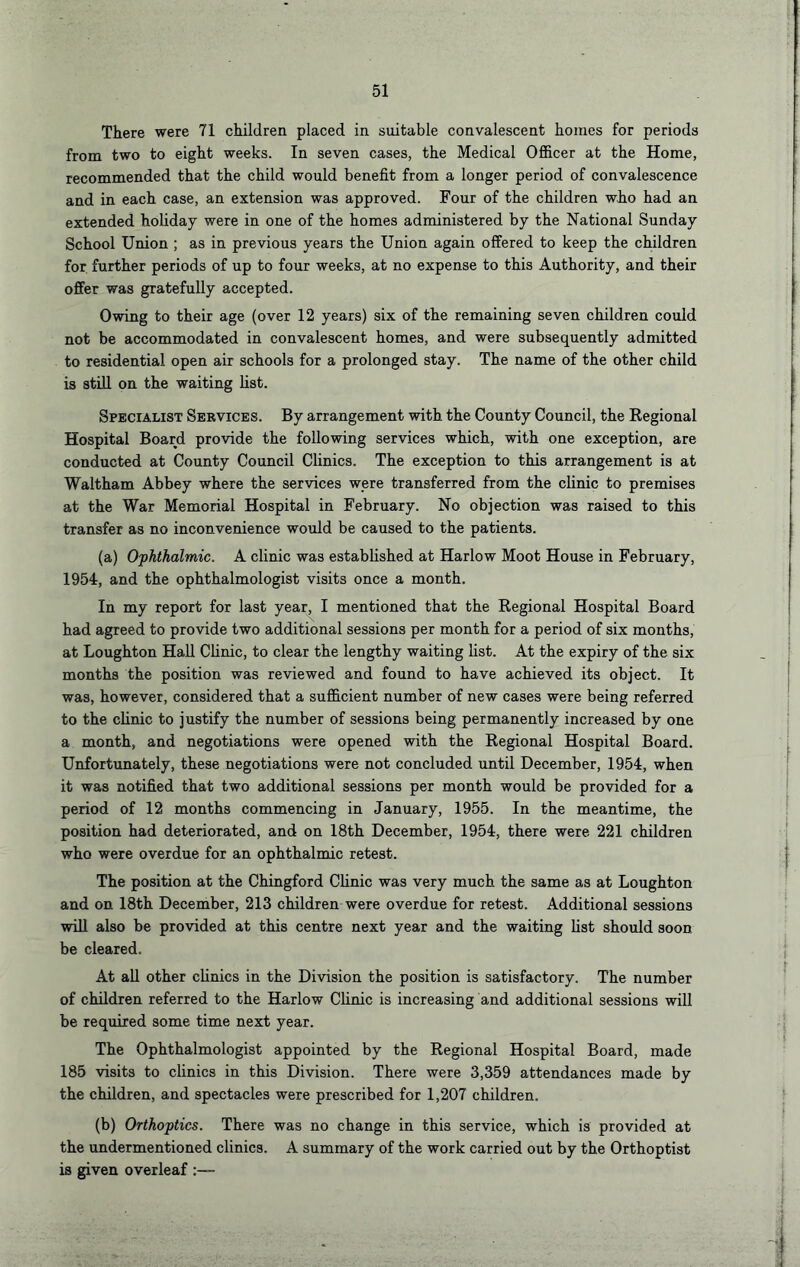 There were 71 children placed in suitable convalescent homes for periods from two to eight weeks. In seven cases, the Medical Ofiicer at the Home, recommended that the child would benefit from a longer period of convalescence and in each case, an extension was approved. Four of the children who had an extended holiday were in one of the homes administered by the National Sunday School Union ; as in previous years the Union again offered to keep the children for, further periods of up to four weeks, at no expense to this Authority, and their offer was gratefully accepted. Owing to their age (over 12 years) six of the remaining seven children could not be accommodated in convalescent homes, and were subsequently admitted to residential open air schools for a prolonged stay. The name of the other child is still on the waiting fist. Specialist Services. By arrangement with the County Council, the Regional Hospital Board provide the following services which, with one exception, are conducted at County Council Clinics. The exception to this arrangement is at Waltham Abbey where the services were transferred from the clinic to premises at the War Memorial Hospital in February. No objection was raised to this transfer as no inconvenience would be caused to the patients. (a) Ophthalmic. A clinic was established at Harlow Moot House in February, 1954, and the ophthalmologist visits once a month. In my report for last year, I mentioned that the Regional Hospital Board had agreed to provide two additional sessions per month for a period of six months, at Loughton Hall Clinic, to clear the lengthy waiting list. At the expiry of the six months the position was reviewed and found to have achieved its object. It was, however, considered that a sufficient number of new cases were being referred to the cUnic to justify the number of sessions being permanently increased by one a month, and negotiations were opened with the Regional Hospital Board. Unfortunately, these negotiations were not concluded until December, 1954, when it was notified that two additional sessions per month would be provided for a period of 12 months commencing in January, 1955. In the meantime, the position had deteriorated, and on 18th December, 1954, there were 221 children who were overdue for an ophthalmic retest. The position at the Chingford Chnic was very much the same as at Loughton and on 18th December, 213 children were overdue for retest. Additional sessions wiU also be provided at this centre next year and the waiting list should soon be cleared. At all other clinics in the Division the position is satisfactory. The number of children referred to the Harlow Clinic is increasing and additional sessions wiU be required some time next year. The Ophthalmologist appointed by the Regional Hospital Board, made 185 visits to clinics in this Division. There were 3,359 attendances made by the children, and spectacles were prescribed for 1,207 children. (b) Orthoptics. There was no change in this service, which is provided at the undermentioned clinics. A summary of the work carried out by the Orthoptist ia given overleaf