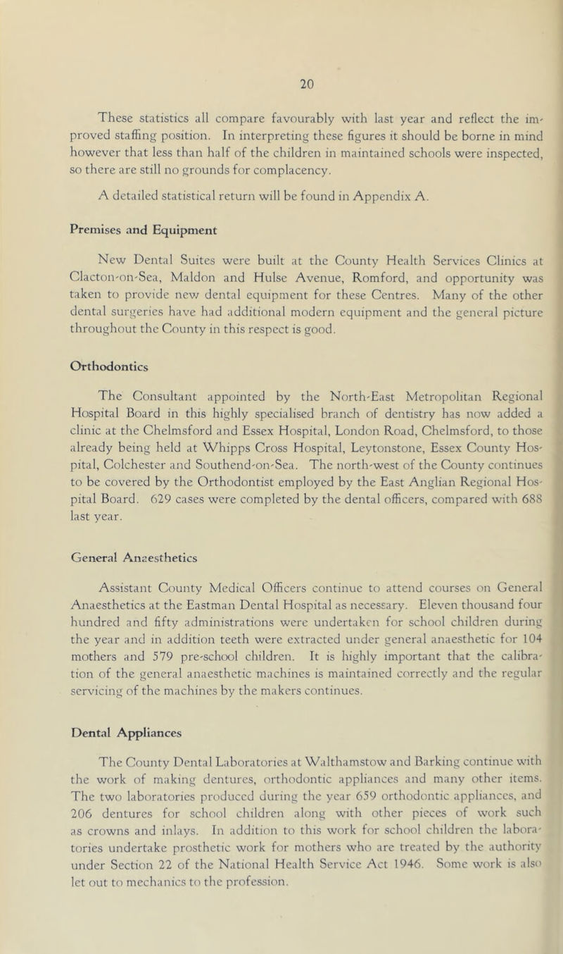 These statistics all compare favourably with last year and reflect the im^ proved staffing position. In interpreting these figures it should be borne in mind however that less than half of the children in maintained schools were inspected, so there are still no grounds for complacency. A detailed statistical return will be found in Appendix A. Premises and Equipment New Dental Suites were built at the County Health Services Clinics at Clacton-on-Sea, Maldon and Hulse Avenue, Romford, and opportunity was taken to provide nev/ dental equipment for these Centres. Many of the other dental surgeries have had additional modern equipment and the general picture throughout the County in this respect is good. Orthodontics The Consultant appointed by the North-East Metropolitan Regional Hospital Board in this highly specialised branch of dentistry has now added a elinic at the Chelmsford and Essex Hospital, London Road, Chelmsford, to those already being held at Whipps Cross Hospital, Leytonstone, Essex County Hos- pital, Colchester and Southend-on-Sea. The north-west of the County continues to be covered by the Orthodontist employed by the East Anglian Regional Hos- pital Board. 629 cases were completed by the dental officers, compared with 688 last year. General Anaesthetics Assistant County Medical Officers continue to attend courses on General Anaesthetics at the Eastman Dental Hospital as necessary. Eleven thousand four hundred and fifty administrations were undertaken for school children during the year and in addition teeth were extracted under general anaesthetic for 104 mothers and 579 pre-school children. It is highly important that the calibra- tion of the general anaesthetic machines is maintained correctly and the regular servicing of the machines by the makers continues. Dental Appliances The County Dental Laboratories at Walthamstow and Barking continue with the work of making dentures, orthodontic appliances and many other items. The two laboratories produced during the year 659 orthodontic appliances, and 206 dentures for school children along with other pieces of work such as crowns and inlays. In addition to this work for school children the labora- tories undertake prosthetic work for mothers who are treated by the authority under Section 22 of the National Health Service Act 1946. Some work is also let out to mechanics to the profession.