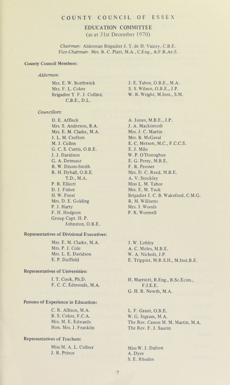 EDUCATION COMMITTEE (as at 31 si December 1970) Chairman: Alderman Brigadier J. T. de H. Vaizey, C.B.E. Vice-Chairman: Mrs. B. C. Platt, M.A., C.Eng., A'.F.R.Ae.S. County Council Members: Aldermen: Mrs. E. W. Borthwick Mrs. F. L. Coker Brigadier T. F. J. Collins, C.B.E., D.L. Councillors: D. E. Affleck Mrs. S. Anderson, B.A. Mrs. E. M. Clarke, M.A. J. L. M. Crofton M. J. Cullen G. C. S. Curtis, O.B.E. J. J. Davidson G. A. Detmaur R. W. Dixon-Smith R. H. DybaU, O.B.E. T.D., M.A. P. R. Elliott D. J. Fisher H. W. Frost Mrs. D. E. Golding P. J. Harty F. H. Hodgson Group Capt. H. P. John.ston, O.B.E. Representatives of Divisional Executives: Mrs. E. M. Qarke, M.A. Mrs. P. J. Cole Mrs. L. E. Davidson E. P. Duffield Representatives of Universities: I. T. Cook, Ph.D. F. C. C. Edmonds, M.A. Persons of Experience in Education: C. R. Allison, M.A. B. S. Coker, F.C.A. Mrs. M. E. Edwards Hon. Mrs. J. Franklin Representatives of Teachers: Miss M. A. L. CoUeer J. R. Prince J. E. Tabor, O.B.E., M.A. S. S.WUson, O.B.E., J.P. W. R. Wright, M.Inst., S.M. A. Jones, M.B.E., J.P. J. A. Mackintosh Mrs. J. C. Martin Mrs. B. McGreal E. C. Metson, M.C., F.C.C.S. E. J. MHo W. P. O’Donoghue E. G. Perry, M.B.E. F. R. Prosser Mrs. D. C. Reed, M.B.E. A. V. Stockley Miss L. M. Tabor Mrs. E. M. Tuck Brigadier J. C. B. Wakeford, C.M.G. R. M. Williams Mrs. J. Woods P. R. Wormell J. W. Lobley A. C. Moles, M.B.E. W. A. Nichols, J.P. E. Trippier, M.R.S.H., M.Inst.B.E. H. Marriott, B.Eng., B.Sc.Econ., F.I.E.E. G. H. R. Newth, M.A. L. F. Grant, O.B.E. W. G. Ingram, M.A. The Rev. Canon M. M. Martin, M.A. The Rev. F. J. Saurin Miss W. J. Dalton A. Dyer S. E. Rhodes