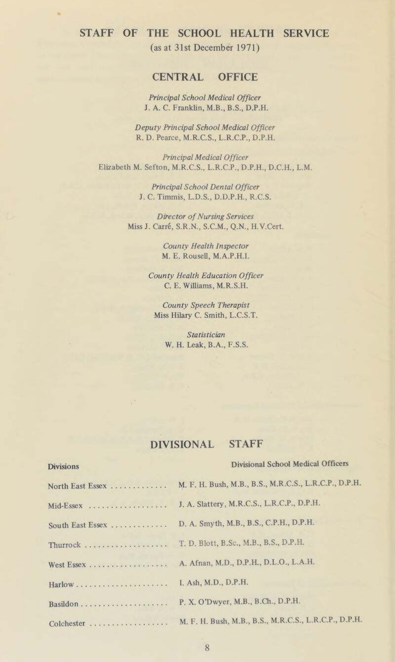 STAFF OF THE SCHOOL HEALTH SERVICE (as at 31st December 1971) CENTRAL OFFICE Principal School Medical Officer J. A. C. Franklin, M.B., B.S., D.P.H. Deputy Principal School Medical Officer R. D. Pearce, M.R.C.S., L.R.C.P., D.P.H. Principal Medical Officer Elizabeth M. Sefton, M.R.C.S., L.R.C.P., D.P.H., D.C.H., L.M. Principal School Dental Officer J. C. Timmis, L.D.S., D.D.P.H., R.C.S. Director of Nursing Services Miss J. Carre, S.R.N., S.C.M., Q.N., H.V.Cert. County Health Inspector M. E. Rousell, M.A.P.H.l. County Health Education Officer C. E. Williams, M.R.S.H. County Speech Therapist Miss Hilary C. Smith, L.C.S.T. Statistician W. H. Leak, B.A., F.S.S. DIVISIONAL STAFF Divisions Divisional School Medical Officers North East Essex M. F. H. Bush, M.B., B.S., M.R.C.S., L.R.C.P., D.P.H. Mid-Essex J- A. Slattery, M.R.C.S., L.R.C.P., D.P.H. South East Essex D. A. Smyth, M.B., B.S., C.P.H., D.P.H. Thurrock T. D. Blott, B.Sc., M.B., B.S., D.P.H. West Essex A. Afnan, M.D., D.P.H., D.L.O., L.A.H. Harlow 1- Ash, M.D., D.P.H. Basildon P. X. O’Dwyer, M.B., B.Ch., D.P.H. Colchester M. F. H. Bush, M.B., B.S., M.R.C.S., L.R.C.P., D.P.H.