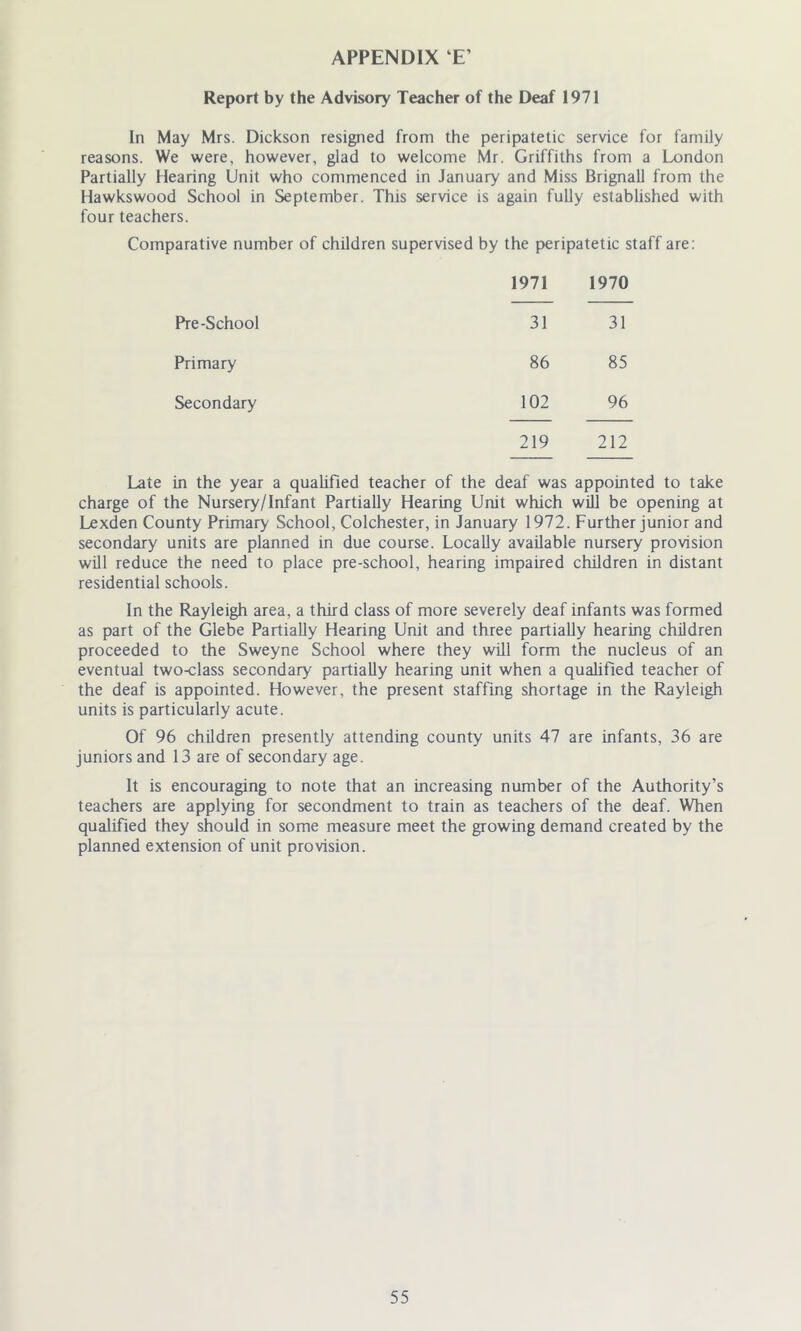 Report by the Advisory Teacher of the Deaf 1971 In May Mrs. Dickson resigned from the peripatetic service for family reasons. We were, however, glad to welcome Mr. Griffiths from a London Partially Hearing Unit who commenced in January and Miss BrignaU from the Hawkswood School in September. This service is again fully established with four teachers. Comparative number of children supervised by the peripatetic staff are: 1971 1970 Pre-School 31 31 Primary 86 85 Secondary 102 96 219 212 Late in the year a qualified teacher of the deaf was appointed to take charge of the Nursery/Infant Partially Hearing Unit which will be opening at Lexden County Primary School, Colchester, in January 1972. Further junior and secondary units are planned in due course. Locally available nursery provision will reduce the need to place pre-school, hearing impaired children in distant residential schools. In the Rayleigh area, a third class of more severely deaf infants was formed as part of the Glebe Partially Hearing Unit and three partially hearing children proceeded to the Sweyne School where they will form the nucleus of an eventual two-class secondary partially hearing unit when a qualified teacher of the deaf is appointed. However, the present staffing shortage in the Rayleigh units is particularly acute. Of 96 children presently attending county units 47 are infants, 36 are juniors and 13 are of secondary age. It is encouraging to note that an increasing number of the Authority’s teachers are applying for secondment to train as teachers of the deaf. When qualified they should in some measure meet the growing demand created by the planned extension of unit provision.