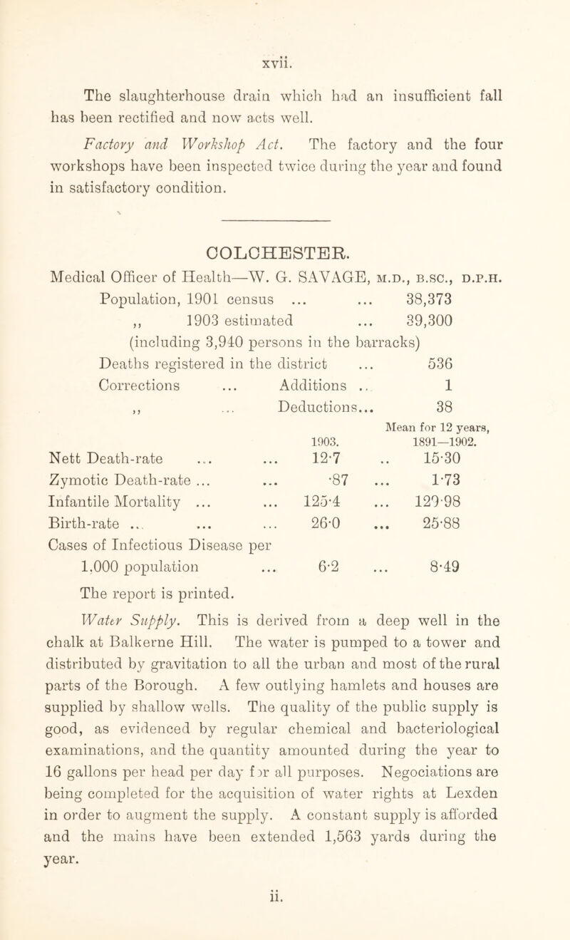 The slaughterhouse drain which had an insufficient fall has been rectified and now acts well. Factory and Workshop Act. The factory and the four workshops have been inspected twice during the year and found in satisfactory condition. COLCHESTER. Medical Officer of Health—W. G. SAVAGE, m.d., b.sc., d.p.h. Population, 1901 census ... ... 38,373 ,, 1903 estimated ... 39,300 (including 3,940 persons in the barracks) Deaths registered in the district ... 536 Corrections Additions ., 1 , J . c . Deductions.. 38 Mean for 12 years, 1003. 1891—1902. Nett Death-rate 12-7 15-30 Zymotic Death-rate ... • • • CD -<» 1-73 Infantile Mortality ... 125-4 ... 129-98 Birth-rate ... 26-0 25-88 Cases of Infectious Disease per 1.000 population 6-2 8-49 The report is printed. Water Supply. This is derived from a deep well in the chalk at Balkerne Hill. The water is pumped to a tower and distributed by gravitation to all the urban and most of the rural parts of the Borough. A few outlying hamlets and houses are supplied by shallow wells. The quality of the public supply is good, as evidenced by regular chemical and bacteriological examinations, and the quantity amounted during the year to 16 gallons per head per day f :>r all purposes. Negociations are being completed for the acquisition of water rights at Lexden in order to augment the supply. A constant supply is afforded and the mains have been extended 1,563 yards during the year. li.