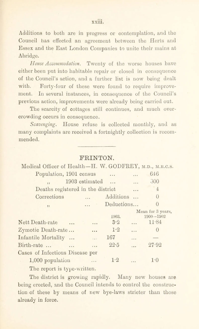 Additions to both are in progress or contemplation, and the Council has effected an agreement between the Herts and Essex and the East London Companies to unite their mains at Abridge. House Accommodation. Twenty of the worse houses have either been put into habitable repair or closed in consequence of the Council’s action, and a further list is now being dealt with. Forty-four of these were found to require improve- ment. In several instances, in consequence of the Council’s previous action, improvements were already being carried out. The scarcity of cottages still continues, and much over- crowding occurs in consequence. Scavenging. House refuse is collected monthly, and as many complaints are received a fortnightly collection is recom- mended. FBXNTON. Medical Officer of Health—H. W. GODFREY, m.d., m.r.c.s. Population, 1901 census ... ... 646 ,, 1903 estimated ... ... 300 Deaths registered in the district ... 4 Corrections ... Additions ... 0 „ ... Deductions... 0 Mean for 3 years, 1003. 1900-1902 Nett Death-rate ... ... 3*2 ... 11*84 Zymotic Death-rate... ... 1*2 ... 0 Infantile Mortality ... ... 167 ... — Birth-rate ... ... ... 22*5 ... 27*92 Cases of Infectious Disease per 1,000 population ... 1*2 ... 1*0 The report is type-written. The district is growing rapidly. Many new houses are being erected, and the Council intends to control the construc- tion of these by means of new bye-laws stricter than those already in force.
