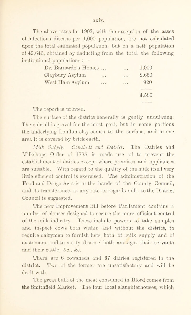 The above rates for 1903, with the exception of the cases of infectious disease per 1,000 population, are not calculated upon the total estimated population, but on a nett population of 49,616, obtained by deducting from the total the following institutional populations :— Dr. Barnardo’s Homes ... ... 1,000 Claybury Asylum ... ... 2,660 West Ham Asylum ... ... 920 4,580 The report is printed. The surface of the district generally is gently undulating. The subsoil is gravel for the most part, but in some portions the underlying London clay comes to the surface, and in one area it is covered by brick earth. Milk Supply. Cowsheds and Dairies. The Dairies and Milkshops Order of 1885 is made use of to prevent the establishment of dairies except where premises and appliances are suitable. With regard to the quality of the milk itself very little efficient control is exercised. The administration of the Food and Drugs Acts is in the hands of the County Council, and its transference, at any rate as regards milk, to the District Council is suggested. The new Improvement Bill before Parliament contains a number of clauses designed to secure the more efficient control of the milk industry. These include powers to take samples and inspect cows both within and without the district, to require dairymen to furnish lists both of milk supply and of customers, and to notify disease both am.ngst their servants and their cattle, &c., &c. There are 6 cowsheds and 37 dairies registered in the district. Two of the former are unsatisfactory and will be dealt with. The great bulk of the meat consumed in Ilford comes from the Smithfield Market. The four local slaughterhouses, which