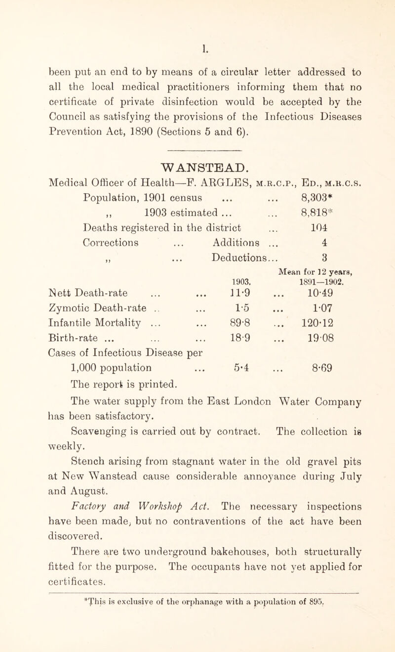 1. been put an end to by means of a circular letter addressed to all the local medical practitioners informing them that no certificate of private disinfection would be accepted by the Council as satisfying the provisions of the Infectious Diseases Prevention Act, 1890 (Sections 5 and 6). WANSTEAD. Medical Officer of Health—F. ARGLES, m.r.c.p., Ed., m.r.c.s. Population, 1901 census 8,303* ,, 1903 estimated ... 8,818* Deaths registered in the district 104 Corrections Additions 4 JJ • • • Deductions. 3 1903. Mean for 12 years 1891—1902. Nett Death-rate 11*9 10-49 Zymotic Death-rate .. 1-5 1-07 Infantile Mortality ... 89-8 ... 120-12 Birth-rate ... 18-9 19-08 Cases of Infectious Disease per 1,000 population 5-4 8-69 The report is printed. The water supply from the East London Water Company has been satisfactory. Scavenging is carried out by contract. The collection is weekly. Stench arising from stagnant water in the old gravel pits at New Wanstead cause considerable annoyance during July and August. Factory and Workshop Act. The necessary inspections have been made, but no contraventions of the act have been discovered. There are two underground bakehouses, both structurally fitted for the purpose. The occupants have not yet applied for certificates. *'J'his is exclusive of the orphanage with a population of 895.