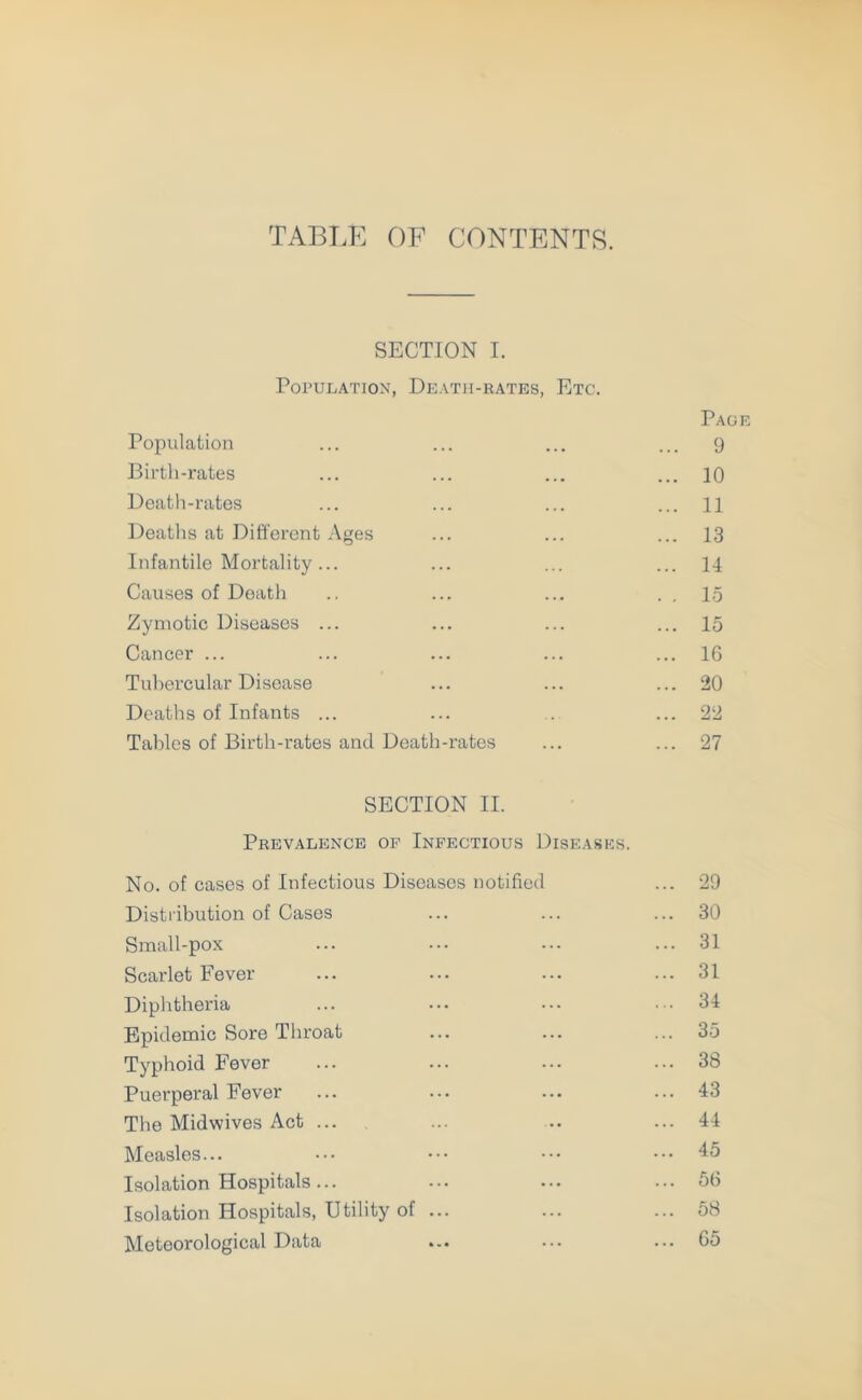 TABLE OF CONTENTS. SECTION I. Population, Death-rates, Etc. Page Population ... 9 Birth-rates ... 10 Death-rates ... 11 Deaths at Different Ages ... 13 Infantile Mortality... ... 14 Causes of Death . . 15 Zymotic Diseases ... ... 15 Cancer ... ... 16 Tubercular Disease ... 20 Deaths of Infants ... ... 22 Tables of Birth-rates and Death-rates ... 27 SECTION II. Prevalence of Infectious Diseases. No. of cases of Infectious Diseases notified ... 29 Distribution of Cases ... ... ... 30 Small-pox ... ••• ... ... 31 Scarlet Fever ... ... ... ... 31 Diphtheria ... ••• ••• ... 34 Epidemic Sore Throat ... ... ... 35 Typhoid Fever ... ... ... ... 38 Puerperal Fever ... ... ... ... 43 The Midwives Act ... ... .. ... 44 Measles... ••• ••• ••• 45 Isolation Hospitals... ... ... ... 56 Isolation Hospitals, Utility of ... ... ... 58 Meteorological Data ... ... ... 65