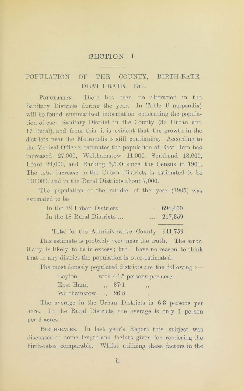SECTION I. POPULATION OF TEE COUNTY, BIRT E-RATE, DEAT E-RATE, Etc. Population. There has been no alteration in the Sanitary Districts during the year. In Table B (appendix) will be found summarised information concerning the popula- tion of each Sanitary District in the County (32 Urban and 17 Rural), and from this it is evident that the growth in the districts near the Metropolis is still continuing. According to the Medical Officers estimates the population of East Earn has increased 27,000, Walthamstow 11,000, Southend 18,000, Ilford 24,000, and Barking 6,500 since the Census in 1901. The total increase in the Urban Districts is estimated to be 118,000, and in the Rural Districts about 7,000. The population at the middle of the year (1905) was estimated to be In the 32 Urban Districts ... 694,400 In the 18 Rural Districts ... ... 247,359 Total for the Administrative County 941,759 This estimate is probably very near the truth. The error, if any, is likely to be in excess; but I have no reason to think that in any district the population is over-estimated. The most densely populated districts are the following :— Leyton, with 40’5 persons per acre East Ham, ,, 37-1 ,, Walthamstow, ,, 26-8 „ The average in the Urban Districts is 6'3 persons per acre. In the Rural Districts the average is only 1 person per 3 acres. Birth-eates. In last year’s Report this subject was discussed at some length and factors given for rendering the birth-rates comparable. Whilst utilizing these factors in the li.