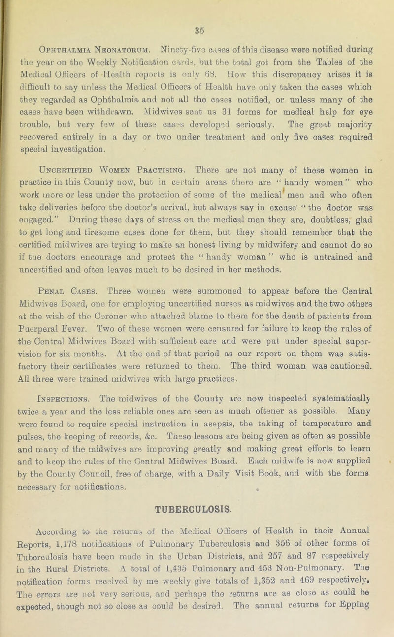 Ophthalmia Neonatorum. Ninety-five cases of this disease were notified during the year on the Weekly Notification cards, but the total got from the Tables of the Medical Officers of Health reports is only 63. How this discrepancy arises it is difficult to say unless the Medical Officers of Health have only taken the cases which they regarded as Ophthalmia and not all the cases notified, or unless many of the oases have been withdrawn. Mid wives sent us 31 forms for medical help for eye trouble, but very few of these cases developed seriously. The great majority recovered entirely in a day or two under treatment and only five cases required special investigation. Uncertified Women Practising. There are not many of these women in practice in this County now, but in certain areas there are “handy women” who work more or less under the protection of some of the medical men and who often take deliveries before the doctor’s arrival, but always say in excuse' “ the doctor was eugaged.” During these days of stress on the medical men they are, doubtless, glad to get long and tiresome cases done for them, but they should remember that the certified midwives are trying to make an honest living by midwifery and cannot do so if the doctors encourage and protect the “ handy woman ” who is untrained and uncertified and often leaves much to be desired in her methods. Penal Cases. Three women were summoned to appear before the Central Midwives Board, one for employing uncertified nurses as raidwives and the two others at the wish of the Coroner who attached blame to them for the death of patients from Puerperal Fever. Two of these women were censured for failure to keep the rules of the Central Midwives Board with sufficient care and were put under special super- vision for six months. At the end of that period as our report on them was satis- factory their certificates were returned to them. The third woman was cautioned. All three were trained midwives with large practices. Inspections. The midwives of the County are now inspected systematically twice a year and the less reliable ones are seen as much oftener as possible Many were found to require special instruction in asepsis, the taking of temperature and pulses, the keeping of records, &c. These lessons are being given as often as possible and many of the midwives are improving greatly and making great efforts to learn and to keep the rules of the Central Midwives Board. Each midwife is now supplied by the County Council, free of charge, with a Daily Visit Book, and with the forms necessary for notifications. TUBERCULOSIS. According to the returns of the Medical Officers of Health in their Annual Reports, 1,178 notifications of Pulmonary Tuberculosis and 356 of other forms of Tuberculosis have been made in the Urban Districts, and 257 and 87 respectively in the Rural Districts. A total of 1,435 Pulmonary and 453 Non-Pulmonary. The notification forms received by me weekly give totals of 1,352 and 469 respectively. The errors are not very serious, and perhaps the returns are as close as could be expected, though not so close as could bo desired. The annual returns for Epping
