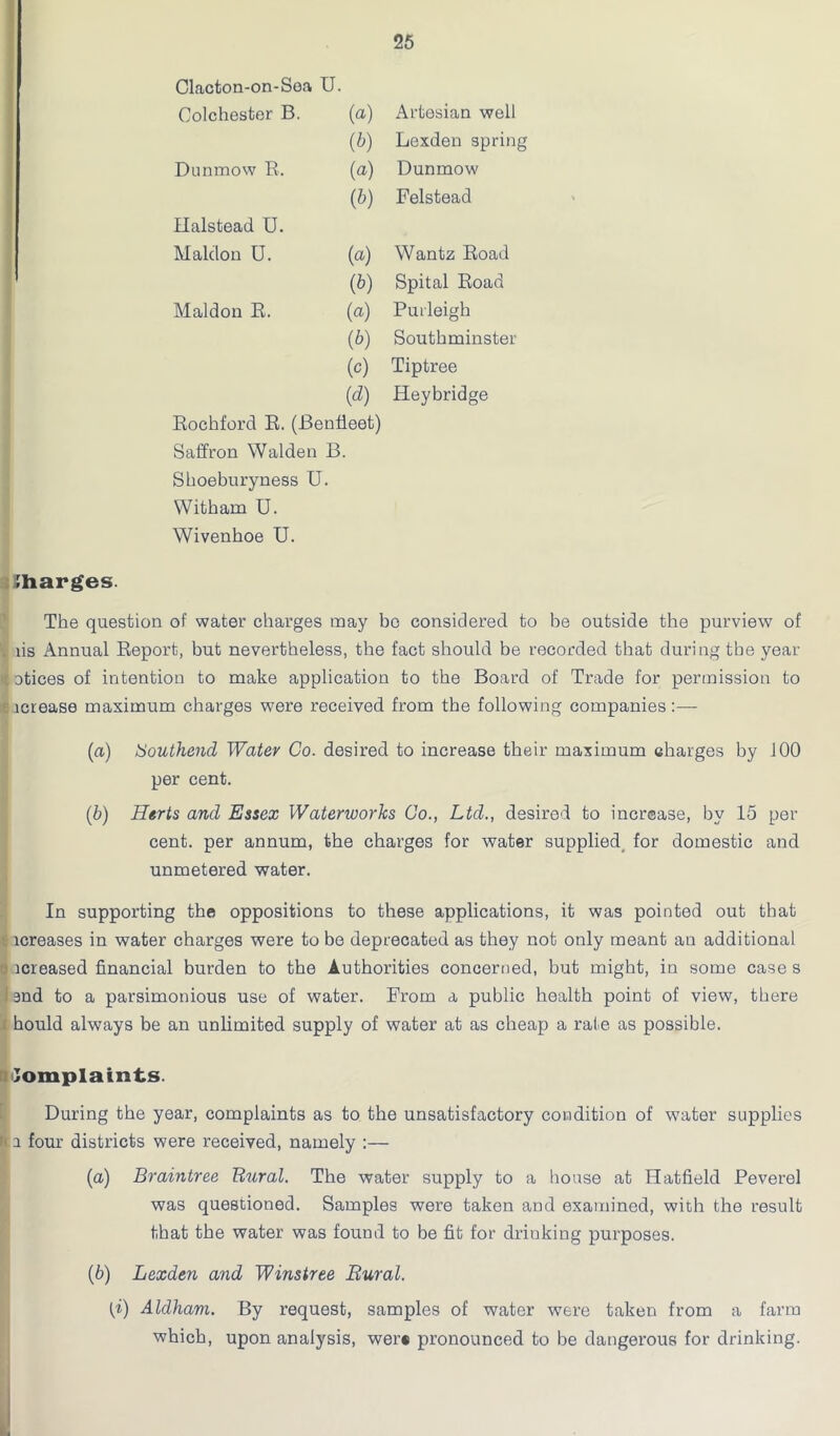 Clacton-on-Sea U. Colchestor B. (a) Artesian well (b) Lexden spring Dunmow R. (a) Dun mow (b) Felstead Halstead U. Maldon U. {a) Wantz Road (b) Spital Road Maldon R. (a) Purleigh 0b) Southminster (c) Tiptree (d) Heybridge Rockford R. (Benfieet) Saffron Walden B. Shoeburyness U. Witham U. Wivenhoe U. Charges. The question of water charges may bo considered to be outside the purview of lis Annual Report, but nevertheless, the fact should be recorded that during the year otices of intention to make application to the Board of Trade for permission to lcrease maximum charges were received from the following companies (a) Southend Water Co. desired to increase their maximum charges by 100 per cent. (b) Herts and Essex Waterworks Co., Ltd., desired to increase, by 15 per cent, per annum, the charges for water supplied for domestic and unmetered water. In supporting the oppositions to these applications, it was pointed out that lcreases in water charges were to be deprecated as they not only meant an additional icreased financial burden to the Authorities concerned, but might, in some case s and to a parsimonious use of water. From a public health point of view, there hould always be an unlimited supply of water at as cheap a rate as possible. Complaints. During the year, complaints as to the unsatisfactory condition of water supplies a four districts were received, namely :— (а) Braintree Rural. The water supply to a house at Hatfield Peverel was questioned. Samples were taken and examined, with the result that the water was found to be fit for drinking purposes. (б) Lexden and Winstree Rural. (i) Aldham. By request, samples of water were taken from a farm which, upon analysis, wer« pronounced to be dangerous for drinking.