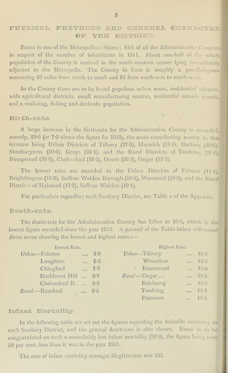 PHYSICAL FEflTCI'.ES AND GENERAL CEAISAOTERI OF THE DISTRICT'. Essex is one of the Metropolitan Shires; fifth of all the Administrate .• Counties in respect of the number of inhabitants in 11)11. About one-half of the wholol population of the County is centred in the south-western corner lying iuv vdialcly adjacent to the Metropolis. The County in form is roughly a parallelogram measuring 48 miles from north to south and G3 from north-east to south-wv a, In the County there arc to be found populous urban areas, residential aiburbs, wide agricultural districts, small manufacturing centres, residential seaside resorts, and a seafaring, fishing and dockside population. Birtli-rato. A large increase in the birth-rate for the Administrative County i. Lvorded, namely, 23*6 (or 7-0 above the figure for 1919;, the areas contributing mostly to this increase being Urban Districts of Tilbury (37 9), Harwich (31T), Bat kin ; (308), Shoeburyncss (30 G), Grays (251), and the Rural Districts of Tench in ; (87--J), Bumpstead (26 G), Chelmsford (2G-2), Orsett (2G2), Ongar (25-3). The lowest rates are recorded in the Urban Districts of Frinton (II J), Brightlingsea (18-3), Saffron Walden Borough (18-G), Wanstead (19 0), and th. Rural Districts of Halstead (17*7), Saffron Walden (19 4). For particulars regarding each Sanitary District, see Table 2 of the Aj»|>. n,li\. Death-rate. The death-rate for the Administrative County has fallen to 10 G, whh h 1, the lowest figure recorded since the year 1912. A perusal of the Table below will icveal .those areas showing the lowest and highest rates:— Lowest Bate, Highest Bate. Urban—Frinton 3-9 Urban—Tilbury ... 10*4 Loughton 6G Wivenhoe ... 13 5 Chingford 7-7 ' Brentwood ... 13 0 Buckhurst Hill ... 8-7 Rural —Ongar... ... 15 5 Chelmsford B. 8-9 Belchamp ... J53 Rural—Romford 85 Tendring ... 13 7 • Dunmow ... J3 5 Infant Mortality. In the following table arc set out the figures regarding the infantile mm l >hty in each Sanitary District, and the general death-rate is also shown. Essex i-; n, |>e congratulated on such a remarkably low infant mortality (08-9), the figure 1m .. ;; over 50 per cent, less than it was in the year 1911. The rate of infant mortality amongst illegitimates was 151.