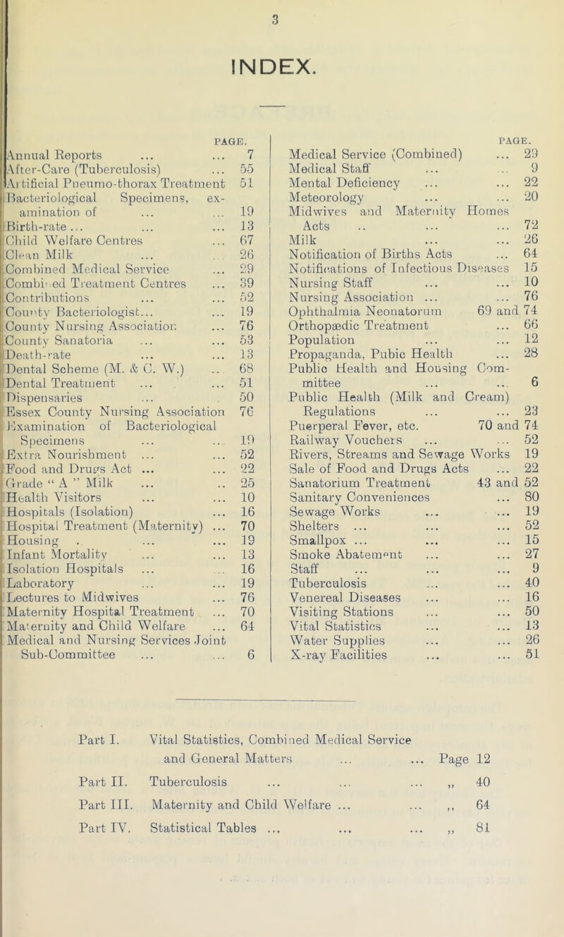 INDEX. PAGE. PAGE. Annual Reports ... 7 Medical Service (Combined) 23 After-Care (Tuberculosis) . • • 55 Medical Staff 9 ^Artificial Pneumo-thorax Treatment 51 Mental Deficiency 22 (Bacteriological Specimens, ex- Meteorology 20 amination of 19 Midwives and Maternity Homes Birth-rate... 13 Acts 72 Child Welfare Centres 67 Milk 26 Clean Milk 26 Notification of Births Acts 64 ;Combined Medical Service 29 Notifications of Infectious Diseases 15 iCombi'.ed Treatment Centres 39 Nursing Staff 10 [Contributions 52 Nursing Association ... 76 County Bacteriologist... 19 Ophthalmia Neonatorum 69 and 74 County Nursing Association 76 Orthopaedic Treatment 66 [County Sanatoria 53 Population 12 Death-rate 13 Propaganda, Pubic Health 28 Dental Scheme (M. & C. W.) 68 Public Health and Housing Com- Dental Treatment 51 mittee 6 Dispensaries 50 Public Health (Milk and Cream) Essex County Nursing Association 76 Regulations 23 Examination of Bacteriological Puerperal Fever, etc. 70 and 74 Specimens 19 Railway Vouchers 52 Extra Nourishment 52 Rivers, Streams and Sewage Works 19 Food and Drups Act ... 22 Sale of Food and Drugs Acts 22 Grade “ A ” Milk- 25 Sanatorium Treatment 43 and 52 Health Visitors 10 Sanitary Conveniences 80 . Hospitals (Isolation) 16 Sewage Works 19 1 Hospital Treatment (Maternity) 70 Shelters 52 Housing 19 Smallpox ... 15 Infant Mortality 13 Smoke Abatement 27 Isolation Hospitals 16 Staff 9 Laboratory 19 Tuberculosis 40 Lectures to Midwives 76 Venereal Diseases 16 Maternity Hospital Treatment 70 Visiting Stations 50 Maternity and Child Welfare 64 Vital Statistics 13 Medical and Nursing Services Joint Water Supplies 26 Sub-Committee 6 X-ray Facilities 51 Part I. Vital Statistics, Combined Medical Service and General Matters Part II. Tuberculosis Part III. Maternity and Child Welfare ... PartIV. Statistical Tables ... Page 12 40 64 81