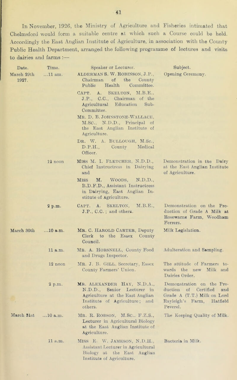 In November, 1926, the Ministry of Agriculture and Fisheries intimated that Chelmsford would form a suitable centre at which such a Course could be held. Accordingly the East Anglian Institute of Agriculture, in association with the County Public Health Department, arranged the following programme of lectures and visits to dairies and farms :— Date. March 29th 1927. Time. ...11 am. Speaker or Lecturer. Alderman S. W. Robinson, J.P., Chairman of the County Public Health Committee. Subject. Opening Ceremony. CApt. a. Skelton, M.B.E., J.P., C.C., Chairman of the Agricultural Education Sub- Committee. Mr. D. B. Johnstone-Wallace, M.SC., N.D.D., Principal of the East Anglian Institute of Agriculture. DR. W. A. Bullough, M.Sc., D.P.H., County Medical Officer. 12 noon Mi6s M. I. Fletcher, N.D.D., Chief Instructress in Dairying and MISS M. WOODS, N.D.D., B.D.F.D., Assistant Instructress in Dairying, East Anglian In- stitute of Agriculture. Demonstration in the Dairy at the East Anglian Institute of Agriculture. 2 p.m. Capt. A. Skelton, M.B.E., J.P., C.C. ; and others. Demonstration on the Pro- duction of Grade A Milk at Rosewarne Farm, Woodham Ferrers. March 30th ...10 a.m. Mr. C. Harold Carter, Deputy Clerk to the Essex County Council. Milk Legislation. 11 a.m. MR. A. HORSNELL, County Food and Drugs Inspector. Adulteration and Sampling. 12 noon Mr. J. B. Gill, Secretary, Essex County Farmers’ Union. The attitude of Farmers to- wards the new Milk and Dairies Order. 2 p.m. Mr. Alexander Hay, N.D.A., N.D.D., Senior Lecturer in Agriculture at the East Anglian Institute of Agriculture; and others. Demonstration on the Pro- duction of Certified and Grade A (T.T.) Milk on Lord Rayleigh’s Farm, Hatfield Peverel. March 31st ...10 a.m. Mr. R. Robson, M.Sc.. F.Z.S., Lecturer in Agricultural Biology at the East Anglian Institute of Agriculture. The Keeping Quality of Milk. 11 a.m. Miss E. W. Jameson, N.D.H., Assistant Lecturer in Agricultural Biology at the East Anglian Institute of Agriculture. Bacteria in Milk.