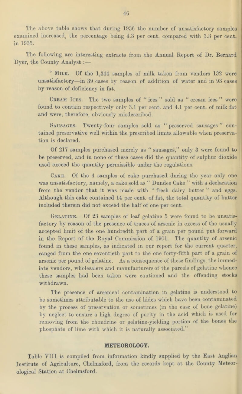 The above table shows that during 1936 the number of unsatisfactory samples examined increased, the percentage being 4.3 per cent, compared with 3.3 per cent, in 1935. The following are interesting extracts from the Annual Report of Dr. Bernard Dyer, the County Analyst :— “ Milk. Of the 1,344 samples of milk taken from vendors 132 were unsatisfactory—in 39 cases by reason of addition of water and in 93 cases by reason of deficiency in fat. Cream Ices. The two samples of “ ices ” sold as “ cream ices ” were found to contain respectively only 3.1 per cent, and 4.1 per cent, of milk fat and were, therefore, obviously misdescribed. Sausages. Twenty-four samples sold as “ preserved sausages ” con- tained preservative well within the prescribed limits allowable when preserva- tion is declared. Of 217 samples purchased merely as “ sausages,” only 3 were found to be preserved, and in none of these cases did the quantity of sulphur dioxide used exceed the quantity permissible under the regulations. Cake. Of the 4 samples of cake purchased during the year only one was unsatisfactory, namely, a cake sold as “ Dundee Cake ” with a declaration from the vendor that it was made with “ fresh dairy butter ” and eggs. Although this cake contained 14 per cent, of fat, the total quantity of butter included therein did not exceed the half of one per cent. Gelatine. Of 23 samples of leaf gelatine 5 were found to be unsatis- factory by reason of the presence of traces of arsenic in excess of the usually accepted limit of the one hundredth part of a grain per pound put forward in the Report of the Royal Commission of 1901. The quantity of arsenic found in these samples, as indicated in our report for the current quarter, ranged from the one seventieth part to the one forty-fifth part of a grain of arsenic per pound of gelatine. As a consequence of these findings, the immed- iate vendors, wholesalers and manufacturers of the parcels of gelatine whence these samples had been taken were cautioned and the offending stocks withdrawn. The presence of arsenical contamination in gelatine is understood to be sometimes attributable to the use of hides which have been contaminated by the process of preservation or sometimes (in the case of bone gelatine) by neglect to ensure a high degree of purity in the acid which is used for removing from the chondrine or gelatine-yielding portion ol the bones the phosphate of lime with which it is naturally associated. METEOROLOGY. Table VIII is compiled from information kindly supplied by the East Anglian Institute of Agriculture, Chelmsford, from the records kept at the County Meteor- ological Station at Chelmsford.