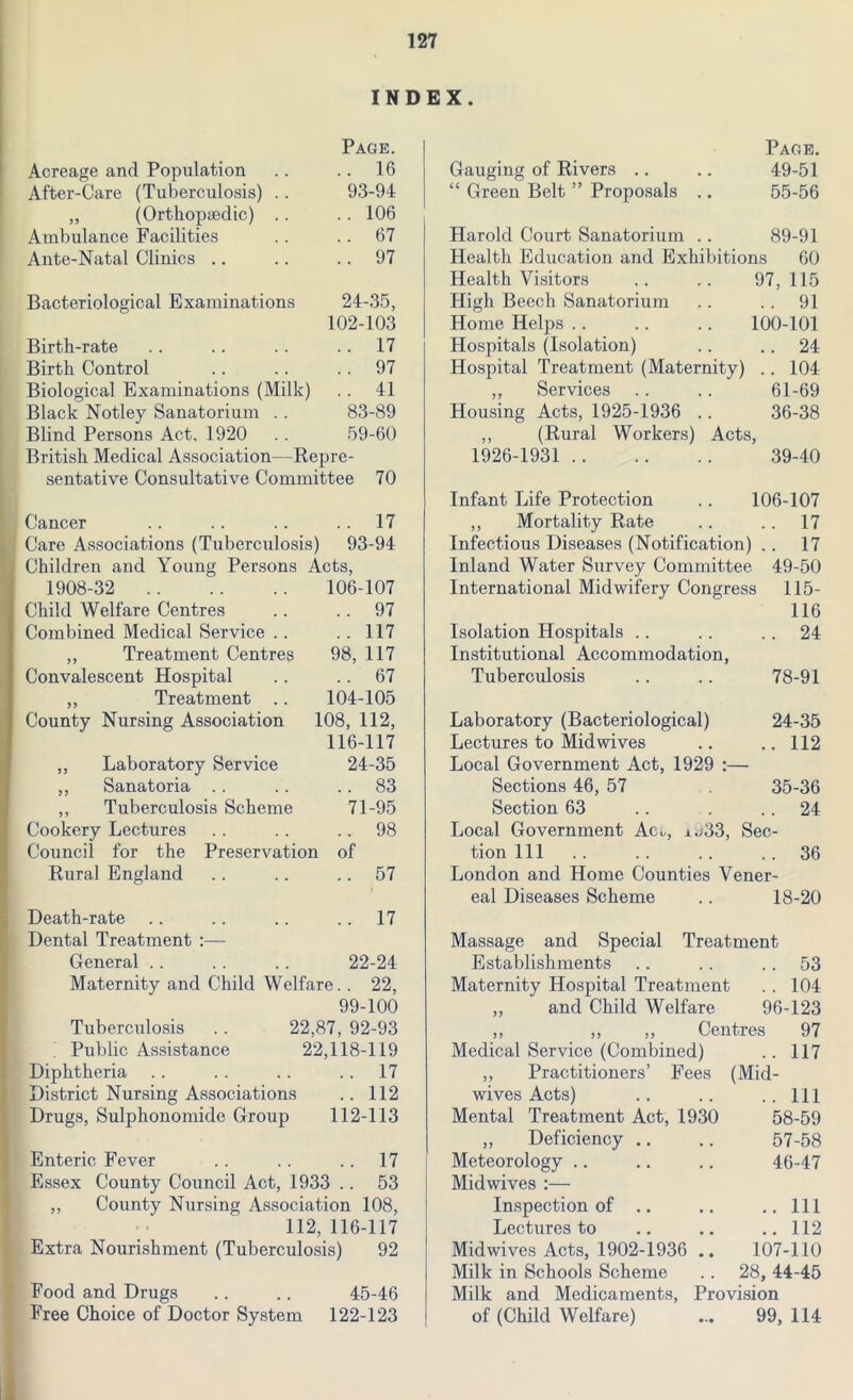 INDEX. Page. Acreage and Population .. .. 16 After-Care (Tuberculosis) .. 93-94 „ (Orthopaedic) .. .. 106 Ambulance Facilities .. .. 67 Ante-Natal Clinics .. .. 97 Bacteriological Examinations 24-35, 102-103 Birth-rate .. .. .. .. 17 Birth Control .. .. 97 Biological Examinations (Milk) .. 41 Black Notley Sanatorium .. 83-89 Blind Persons Act. 1920 .. 59-60 British Medical Association—Repre- sentative Consultative Committee 70 Cancer .. .. .. 17 Care Associations (Tuberculosis) 93-94 Children and Young Persons Acts, 1908-32 106-107 Child Welfare Centres .. .. 97 Combined Medical Service .. .. 117 „ Treatment Centres 98, 117 Convalescent Hospital .. .. 67 ,, Treatment .. 104-105 County Nursing Association 108, 112, 116-117 ,, Laboratory Service 24-35 ,, Sanatoria .. .. 83 ,, Tuberculosis Scheme 71-95 Cookery Lectures .. .. 98 Council for the Preservation of Rural England .. .. 57 Death-rate .. .. .. 17 Dental Treatment :— General .. .. .. 22-24 Maternity and Child Welfare.. 22, 99-100 Tuberculosis .. 22,87, 92-93 Public Assistance 22,118-119 Diphtheria .. . . .. .. 17 District Nursing Associations .. 112 Drugs, Sulphonomide Group 112-113 Enteric Fever .. .. .. 17 Essex County Council Act, 1933 .. 53 ,, County Nursing Association 108, 112, 116-117 Extra Nourishment (Tuberculosis) 92 Food and Drugs .. .. 45-46 Free Choice of Doctor System 122-123 Page. Gauging of Rivers .. 49-51 “ Green Belt ” Proposals .. 55-56 Harold Court Sanatorium .. 89-91 Health Education and Exhibitions 60 Health Visitors 97, 115 High Beech Sanatorium .. 91 Home Helps 100-101 Hospitals (Isolation) .. 24 Hospital Treatment (Maternity) .. 104 ,, Services 61-69 Housing Acts, 1925-1936 .. 36-38 ,, (Rural Workers) Acts, 1926-1931 39-40 Infant Life Protection 106-107 ,, Mortality Rate .. 17 Infectious Diseases (Notification) .. 17 Inland Water Survey Committee 49-50 International Midwifery Congress 115- 116 Isolation Hospitals .. 24 Institutional Accommodation, Tuberculosis 78-91 Laboratory (Bacteriological) 24-35 Lectures to Midwives .. 112 Local Government Act, 1929 Sections 46, 57 35-36 Section 63 .. 24 Local Government Acu, x^-33, Sec- tion 111 .. 36 London and Home Counties Vener- eal Diseases Scheme 18-20 Massage and Special Treatment Establishments .. 53 Maternity Hospital Treatment .. 104 ,, and Child Welfare 96-123 ,, ,, ,, Centres 97 Medical Service (Combined) .. 117 ,, Practitioners’ Fees rMid- wives Acts) .. Ill Mental Treatment Act, 1930 58-59 ,, Deficiency .. 57-58 Meteorology 46-47 Midwives :— Inspection of .. .. Ill Lectures to .. 112 Midwives Acts, 1902-1936 .. 107-110 Milk in Schools Scheme 28, 44-45 Milk and Medicaments, Provision of (Child Welfare) 99, 114