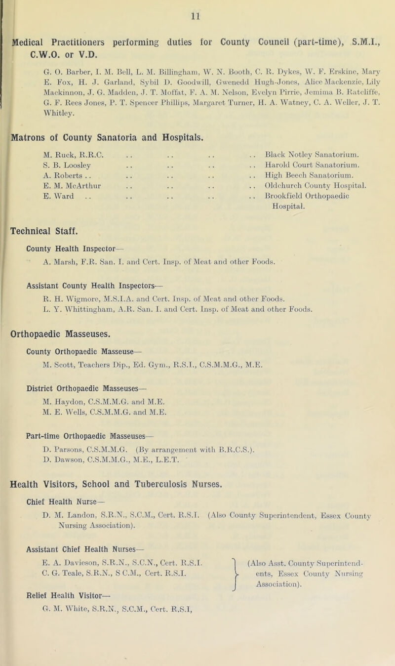 Medical Practitioners performing duties for County Council (part-time), C.W.O. or V.D. G. 0. Barber, I. M. Bell, L. M. Billingham, W. N. Booth, C. R. Dykes, W. F. Erskine, Mary E. Fox, H. J. Garland, Sybil D. Goodwill, Gwenedd Hugh-Jones, Alice Mackenzie, Lily Mackinnon, J. G. Madden, J. T. Moffat, F. A. M. Nelson, Evelyn Pirrie, Jemima B. Ratclil'fe, G. F. Rees Jones, P. T. Spencer Phillips, Margaret Turner, H. A. Watney, C. A. Weller, J. T. Whitley. Matrons of County Sanatoria and Hospitals. M. Ruck, R.R.C. S. B. Loosley A. Roberts E. M. McArthur E. Ward Black Notley Sanatorium. Harold Court Sanatorium. High Beech Sanatorium. Oldchurch County Hospital. Brookfield Orthopaedic Hospital. Technical Staff. County Health Inspector— A. Marsh, F.R. San. I. and Cert. Insp. of Meat and other Foods. Assistant County Health Inspectors— R. H. Wigmore, M.S.I.A. and Cert. Insp. of Meat and other Foods. L. Y. Whittingham, A.R. San. I. and Cert. Insp. of Meat and other Foods. Orthopaedic Masseuses. County Orthopaedic Masseuse— M. Scott, Teachers Dip., Ed. Gym., R.S.I., C.S.M.M.G., M.E. District Orthopaedic Masseuses— M. Haydon, C.S.M.M.G. and M.E. M. E. Wells, C.S.M.M.G. and M.E. Part-time Orthopaedic Masseuses— D. Parsons, C.S.M.M.G. (By arrangement with B.R.C.S.). D. Dawson, C.S.M.M.G., M.E., L.E.T. Health Visitors, School and Tuberculosis Nurses. Chief Health Nurse— D. M. Landon, S.R.N., S.C.M., Cert. R.S.I. (Also County Superintendent, Essex County Nursing Association). Assistant Chief Health Nurses— E. A. Davieson, S.R.N., S.C.N., Cert. R.S.I. C. G. Teale, S.R.N., S C.M., Cert. R.S.I. Relief Health Visitor— G. M. White, S.R.N., S.C.M., Cert. R.S.I, (Also Asst. County Superintend- ents, Essex County Nursing Association).