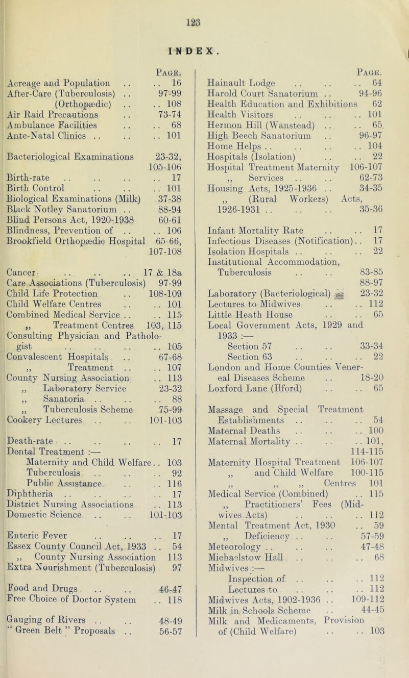 INDEX. Page. Acreage and Population .. .. 16 After-Care (Tuberculosis) .. 97-99 (Orthopaedic) .. .. 108 Air Raid Precautions .. 73-74 Ambulance Facilities .. .. 68 Ante-Natal Clinics .. .. .. 101 Bacteriological Examinations 23-32, 105-106 Birth-rate .. .. .. 17 Birth Control .. .. .. 101 Biological Examinations (Milk) 37-38 Black Notley Sanatorium .. 88-94 Blind Persons Act, 1920-1938 60-61 Blindness, Prevention of .. .. 106 Brookfield Orthopaedic Hospital 65-66, 107-108 Cancer .. .. .. 17 & 18a Care Associations (Tuberculosis) 97-99 Child Life Protection .. 108-109 Child Welfare Centres .. .. 101 Combined Medical Service .. .. 115 ,, Treatment Centres 103, 115 Consulting Physician and Patholo- gist .. .. .. .. 105 Convalescent Hospitals .. 67-68 ,, Treatment .. .. 107 County Nursing Association .. 113 ,, Laboratory Service 23-32 ,, Sanatoria .. .. 88 ,, Tuberculosis Scheme 75-99 Cookery Lectures .. . . 101-103 Death-rate .. .. .. 17 Dental Treatment :— Maternity and Child Welfare.. 103 Tuberculosis .. .. 92 Public Assistance . . .. 116 Diphtheria .. .. . . 17 District Nursing Associations .. 113 Domestic Science .. .. 101-103 Enteric Fever .. .. .. 17 Essex County Council Act, 1933 .. 54 ,, County Nursing Association 113 Extra Nourishment (Tuberculosis) 97 Food and Drugs .. .. 46-47 Free Choice of Doctor System .. 118 Gauging of Rivers .. .. 48-49 “ Green Belt ” Proposals .. 56-57 Hainault Lodge Page. .. 64 Harold Court Sanatorium .. 94-96 Health Education and Exhibitions 62 Health Visitors .. 101 Hermon Hill (Wanstead) .. .. 65. High Beech Sanatorium 96-97 Home Helps .. 104 Hospitals (Isolation) .. 22 Hospital Treatment Maternity 106-107 ,, Services 62-73 Housing Acts, 1925-1936 . . 34-35 ,, (Rural Workers) Acts, 1926-1931 35-36 Infant Mortality Rate .. 17 Infectious Diseases (Notification).. 17 Isolation Hospitals . . .. 22 Institutional Accommodation, Tuberculosis 83-85 Laboratory (Bacteriological) ggj 88-97 23-32 Lectures to Midwives .. 112 Little Heath House .. 65 Local Government Acts, 1929 and 1933 Section 57 33-34 Section 63 .. 22 London and Home Counties Vener- eal Diseases Scheme 18-20 Loxford Lane (Ilford) .. 65 Massage and Special Treatment Establishments .. 54 Maternal Deaths .. 100 Maternal Mortality .. 101, 114-115 Maternity Hospital Treatment 106-107 ,, and Child Welfare 100-115 ,, ,, ,, Centres 101 Medical Service (Combined) .. 115 ,, Practitioners’ Fees (Mid- wives Acts) .. 112 Mental Treatment Act, 1930 .. 59 ,, Deficiency 57-59 Meteorology 47-48 Michaelstow Hall Midwives :— .. 68 Inspection of .. .. 112 Lectures to .. 112 Midwives Acts, 1902-1936 .. 109-112 Milk in, Schools Scheme 44-45 Milk and Medicaments, Provision of (Child Welfare) .. 103