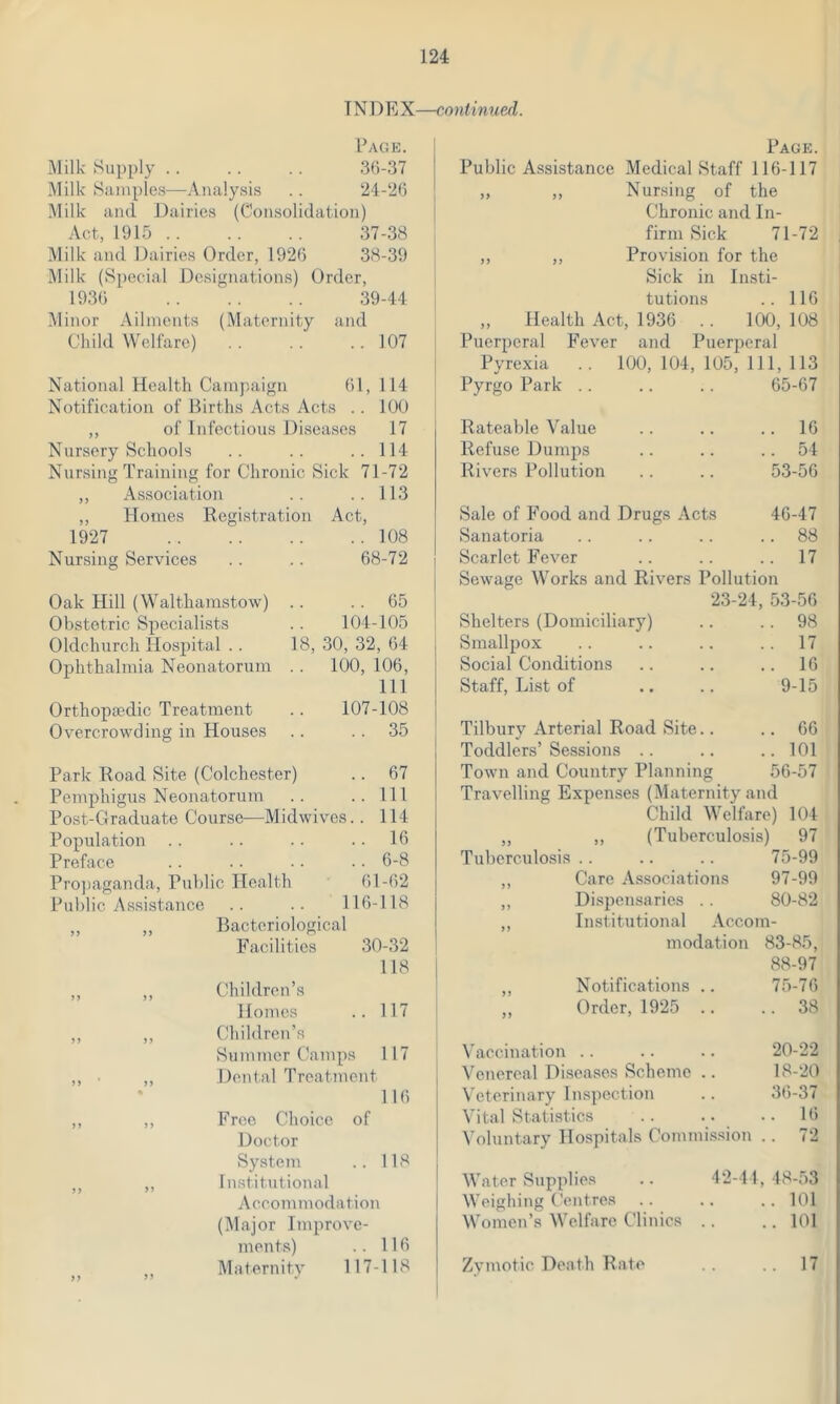 TNDEX—continued. Page. Milk Supply .. .. .. 36-37 Milk Samples—Analysis .. 24-26 Milk and Dairies (Consolidation) Act, 1915 37-38 Milk and Dairies Order, 1926 38-39 Milk (Special Designations) Order, 1936 .. .. .. 39-44 Minor Ailments (Maternity and Child Welfare) .. .. .. 107 National Health Campaign 61, 114 Notification of Births Acts Acts .. 100 ,, of Infectious Diseases 17 Nursery Schools .. .. ..114 Nursing Training for Chronic Sick 71-72 ,, Association .. ..113 ,, Homes Registration Act, 1927 108 Nursing Services .. .. 68-72 Oak Hill (Walthamstow) .. . . 65 Obstetric Specialists .. 104-105 Oldchurch Hospital .. 18, 30, 32, 64 Ophthalmia Neonatorum . . 100, 106, 111 Orthopaedic Treatment .. 107-108 Overcrowding in Houses .. . . 35 Park Road Site (Colchester) .. 67 Pemphigus Neonatorum .. ..Ill Post-Graduate Course—Midwives.. 114 Population .. .. .. .. 16 Preface .. .. .. .. 6-8 Propaganda, Public Health 61-62 Public Assistance .. .. 116-118 Bacteriological Facilities 30-32 118 Children’s Homes 117 Children’s Summer Camps 117 Dental Treatment 116 Free Choice of Doctor System 118 Institutional Accommodation (Major Improve- ments) .. 116 Maternity 117-118 Page. Public Assistance Medical Staff 116-117 „ „ Nursing of the Chronic and In- firm Sick 71-72 ,, ,, Provision for the Sick in Insti- tutions .. 116 ,, Health Act, 1936 .. 100, 108 Puerperal Fever and Puerperal Pyrexia .. 100, 104, 105, 111, 113 Pyrgo Park .. .. .. 65-67 Rateable Value .. .. .. 16 Refuse Dumps .. .. 54 Rivers Pollution .. .. 53-56 Sale of Food and Drugs Acts 46-47 Sanatoria .. .. .. 88 Scarlet Fever .. .. .. 17 Sewage Works and Rivers Pollution 23-24, 53-56 Shelters (Domiciliary) .. .. 98 Smallpox .. .. .. .. 17 Social Conditions .. .. .. 16 Staff, List of .. .. 9-15 Tilbury Arterial Road Site.. .. 66 Toddlers’Sessions .. .. ..101 Town and Country Planning 56-57 Travelling Expenses (Maternity and Child Welfare) 104 „ ,, (Tuberculosis) 97 Tuberculosis .. .. .. 75-99 ,, Care Associations 97-99 ,, Dispensaries .. 80-82 ,, Institutional Accom- modation 83-85, 88-97 ,, Notifications .. 75-76 „ Order, 1925 .. ..38 Vaccination .. .. .. 20-22 Venereal Diseases Scheme .. 18-20 Veterinary Inspection .. 36-37 Vital Statistics .. .. .. 16 Voluntary Hospitals Commission .. 72 Water Supplies .. 42-44, 48-53 Weighing Centres .. .. .. 101 Women’s Welfare Clinics .. .. 101 Zymotic Death R ate .. .. 17