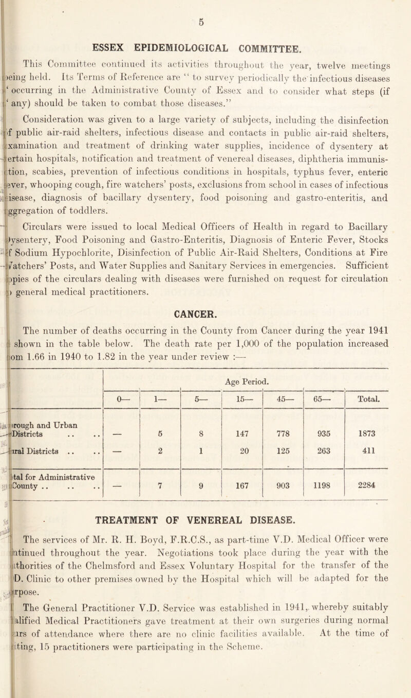 ■ k ESSEX EPIDEMIOLOGICAL COMMITTEE, This Committee continued its activities throughout the year, twelve meetings |)eing held. Its Terms of Reference are “ to survey periodically the infectious diseases t ‘ occurring in the Administrative County of Essex and to consider what steps (if i any) should be taken to combat those diseases.” Consideration was given to a large variety of subjects, including the disinfection f public air-raid shelters, infectious disease and contacts in public air-raid shelters, xamination and treatment of drinking water supplies, incidence of dysentery at ertain hospitals, notification and treatment of venereal diseases, diphtheria immunis- tion, scabies, prevention of infectious conditions in hospitals, typhus fever, enteric ever, whooping cough, fire watchers’ posts, exclusions from school in cases of infectious isease, diagnosis of bacillary dysentery, food poisoning and gastro-enteritis, and ggregation of toddlers. Circulars were issued to local Medical Officers of Health in regard to Bacillary dysentery, Food Poisoning and Gastro-Enteritis, Diagnosis of Enteric Fever, Stocks Sodium Hypochlorite, Disinfection of Public Air-Raid Shelters, Conditions at Fire Catchers’ Posts, and Water Supplies and Sanitary Services in emergencies. Sufficient Dpies of the circulars dealing with diseases were furnished on request for circulation ) general medical practitioners. CANCER. The number of deaths occurring in the County from Cancer during the year 1941 shown in the table below. The death rate per 1,000 of the population increased om 1.66 in 1940 to 1.82 in the year under review Age Perio d. 0— 1— 5— 15— 45— 65— Total. Jf, Kales. I >rough and Urban .-'Districts 6 8 147 778 935 1873 1941 i.ral Districts .. - 2 1 20 125 263 411 lit tal for Administrative j)f County .. ■■ —■ ... ———— ■. - ■ — — 7 9 167 903 1198 2284 % TREATMENT OF VENEREAL DISEASE. The services of Mr. R. H. Boyd, F.R.C.S., as part-time V.D. Medical Officer were kitinued throughout the year. Negotiations took place during the year with the ithorities of the Chelmsford and Essex Voluntary Hospital for the transfer of the D. Clinic to other premises owned by the Hospital which will be adapted for the : rpose. The General Practitioner V.D. Service was established in 1941,. whereby suitably alified Medical Practitioners gave treatment at their own surgeries during normal irs of attendance where there are no clinic facilities available. At the time of citing, 15 practitioners were participating in the Scheme.