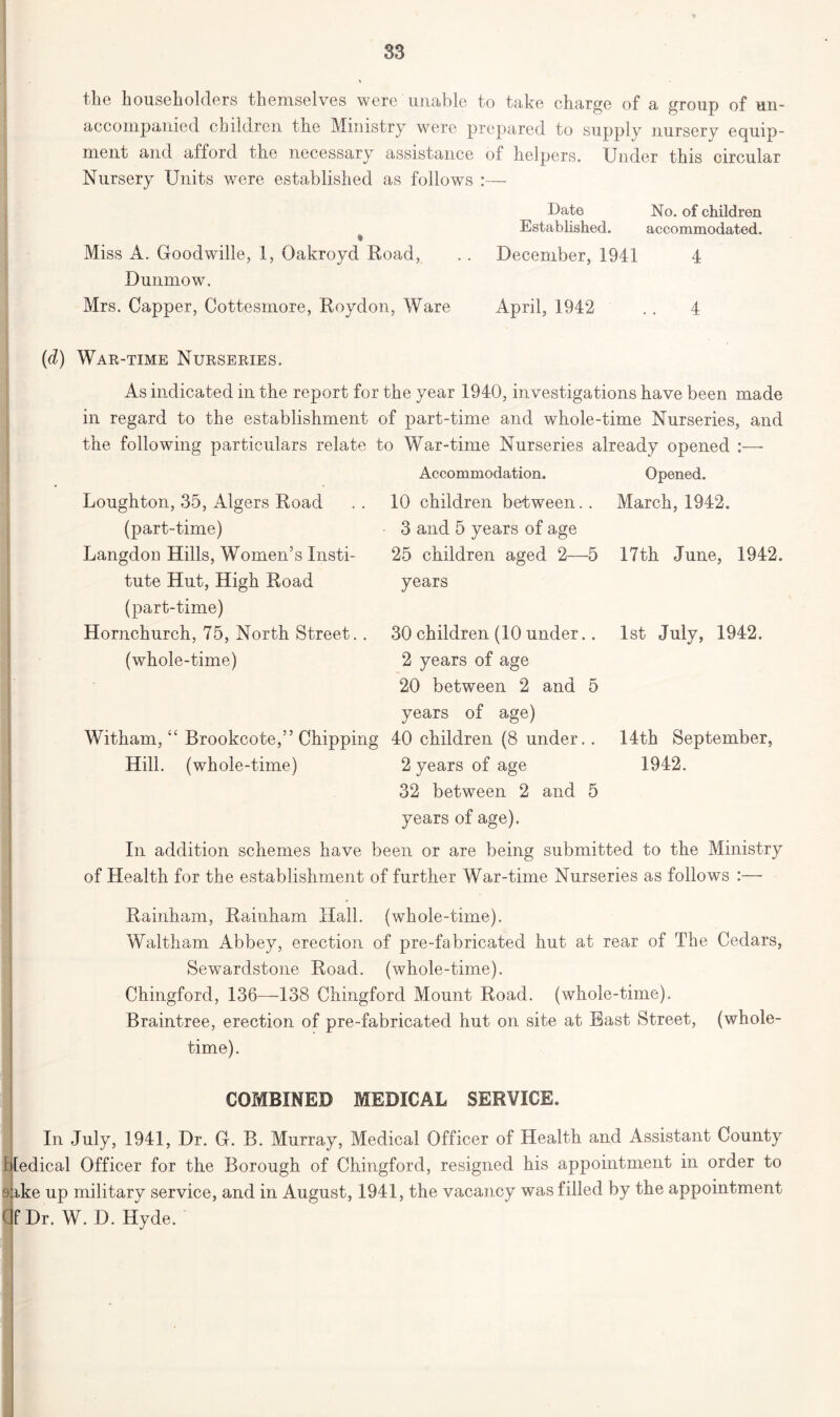 the householders themselves were unable to take charge of a group of un- accompanied children the Ministry were prepared to supply nursery equip- ment and afford the necessary assistance of helpers. Under this circular Nursery Units were established as follows :— Date No. of children Established. accommodated. Miss A. Goodwille, 1, Oakroyd Road, . . December, 1941 4 Dunmow. Mrs. Capper, Cottesmore, Roydon, Ware April, 1942 . . 4 (d) War-time Nurseries. As indicated in the report for the year 1940, investigations have been made in regard to the establishment of part-time and whole-time Nurseries, and the following particulars relate to War-time Nurseries already opened :—- Loughton, 35, Algers Road (part-time) Langdon Hills, Women’s Insti- tute Hut, High Road (part-time) Hornchurch, 75, North Street, (whole-time) Accommodation. 10 children between. 3 and 5 years of age 25 children aged 2— years Opened. March, 1942. -5 17th June, 1942. 1st July, 1942. 30 children (10 under.. 2 years of age 20 between 2 and l years of age) Witham, “ Brookcote,” Chipping 40 children (8 under., Hill, (whole-time) 2 years of age 32 between 2 and 5 years of age). In addition schemes have been or are being submitted to the Ministry of Health for the establishment of further War-time Nurseries as follows :— 14th September, 1942. Rainham, Rainham Hall, (whole-time). Waltham Abbey, erection of pre-fabricated hut at rear of The Cedars, Sewardstone Road, (whole-time). Chingford, 136—138 Chingford Mount Road, (whole-time). Braintree, erection of pre-fabricated hut on site at Bast Street, (whole- time). COMBINED MEDICAL SERVICE. In July, 1941, Dr. G. B. Murray, Medical Officer of Health and Assistant County Medical Officer for the Borough of Chingford, resigned his appointment in order to 9 ike up military service, and in August, 1941, the vacancy was filled by the appointment Qf Dr. W. D. Hyde.