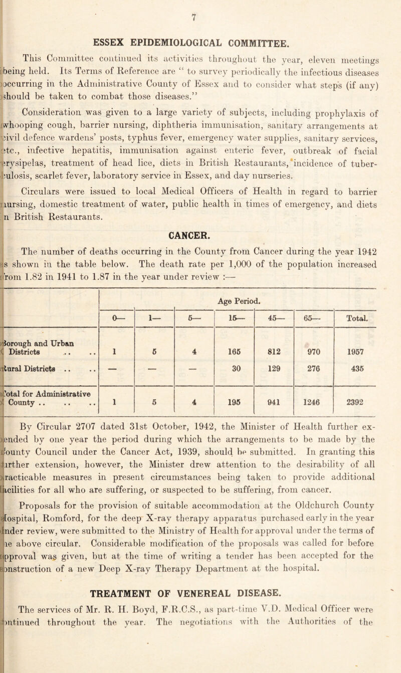 ESSEX EPIDEMIOLOGICAL COMMITTEE. This Committee continued its activities throughout the year, eleven meetings being held. Its Terms of Reference are “ to survey periodically the infectious diseases ^occurring in the Administrative County of Essex and to consider what steps (if any) should be taken to combat those diseases.” Consideration was given to a large variety of subjects, including prophylaxis of whooping cough, barrier nursing, diphtheria immunisation, sanitary arrangements at jivil defence wardens’ posts, typhus fever, emergency water supplies, sanitary services, Cite., infective hepatitis, immunisation against enteric fever, outbreak of facial erysipelas, treatment of head lice, diets in British Restaurants, incidence of tuber- bulosis, scarlet fever, laboratory service in Essex, and day nurseries. Circulars were issued to local Medical Officers of Health in regard to barrier nursing, domestic treatment of water, public health in times of emergency, and diets n British Restaurants. CANCER* The number of deaths occurring in the County from Cancer during the year 1942 is shown in the table below. The death rate per 1,000 of the population increased from 1.82 in 1941 to 1.87 in the year under review :— Age Perio d. 0— 1— 6— 15— 45— 65— Total. borough and Urban | Districts 1 5 4 165 812 970 1957 itural Districts .. — —- — 30 129 276 435 sd?otal for Administrative ! County .. 1 5 4 195 941 1246 2392 By Circular 2707 dated 31st October, 1942, the Minister of Health further ex- ended by one year the period during which the arrangements to be made by the riounty Council under the Cancer Act, 1939, should be submitted. In granting this hrther extension, however, the Minister drew attention to the desirability of all practicable measures in present circumstances being taken to provide additional I icilities for all who are suffering, or suspected to be suffering, from cancer. Proposals for the provision of suitable accommodation at the Oldchurch County Tospital, Romford, for the deep X-ray therapy apparatus purchased early in the year Inder review, were submitted to the Ministry of Health for approval under the terms of le above circular. Considerable modification of the proposals was called for before approval was given, but at the time of writing a tender has been accepted for the b instruction of a new Deep X-ray Therapy Department at the hospital. TREATMENT OF VENEREAL DISEASE. The services of Mr. R. IT. Boyd, F.R.C.S., as part-time V.D. Medical Officer were Bntinued throughout the year. The negotiations with the Authorities of the