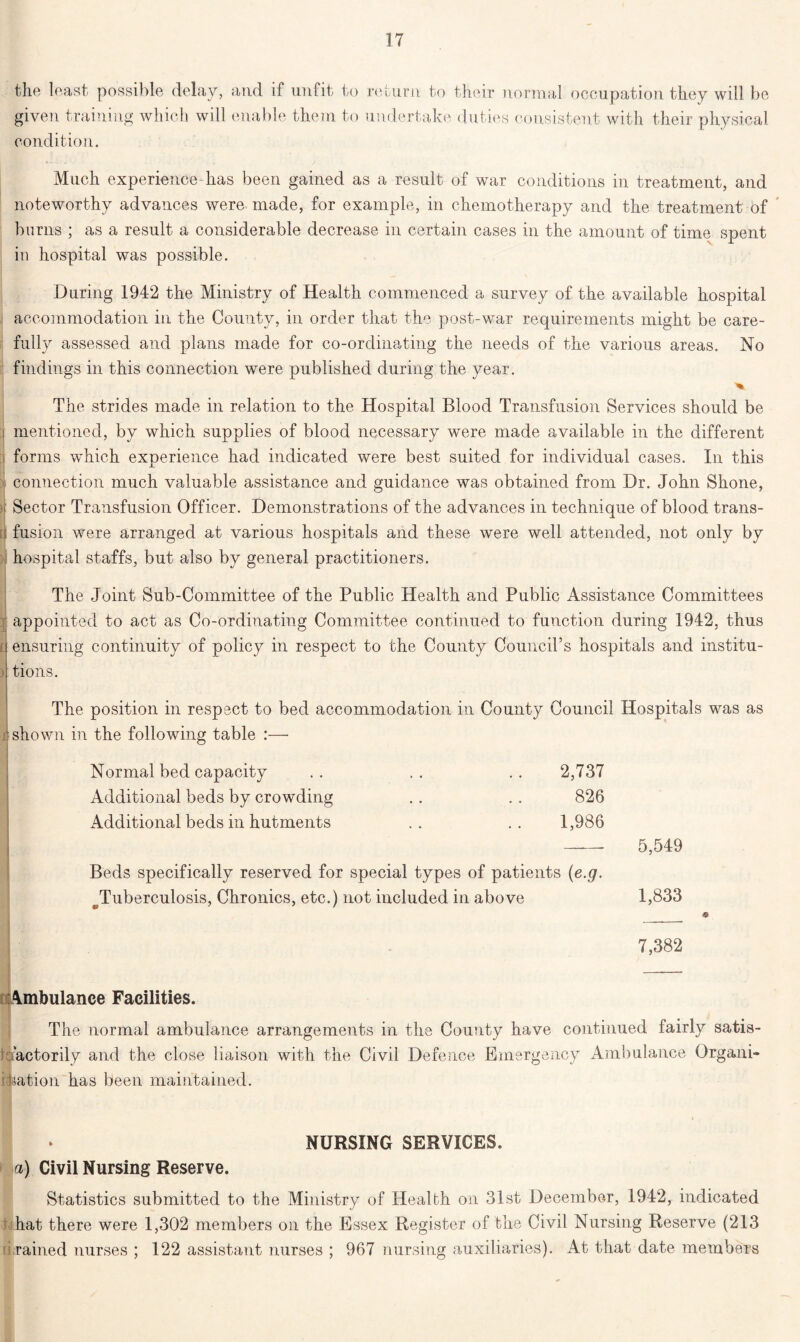 the least possible delay, and if unfit to return to their normal occupation they will be given training which will enable them to undertake duties consistent with their physical condition. Much experience has been gained as a result of war conditions in treatment, and noteworthy advances were made, for example, in chemotherapy and the treatment of burns ; as a result a considerable decrease in certain cases in the amount of time spent in hospital was possible. During 1942 the Ministry of Health commenced a survey of the available hospital accommodation in the County, in order that the post-war requirements might be care- fully assessed and plans made for co-ordinating the needs of the various areas. No findings in this connection were published during the year. The strides made in relation to the Hospital Blood Transfusion Services should be j mentioned, by which supplies of blood necessary were made available in the different i forms which experience had indicated were best suited for individual cases. In this connection much valuable assistance and guidance was obtained from Dr. John Shone, h Sector Transfusion Officer. Demonstrations of the advances in technique of blood trans- i fusion were arranged at various hospitals and these were well attended, not only by hospital staffs, but also by general practitioners. : The Joint Sub-Committee of the Public Health and Public Assistance Committees appointed to act as Co-ordinating Committee continued to function during 1942, thus ensuring continuity of policy in respect to the County Council’s hospitals and institu- tions. The position in respect to bed accommodation in County Council Hospitals was as shown in the following table :— Normal bed capacity 2,737 Additional beds by crowding 826 Additional beds in hutments 1,986 5,549 Beds specifically reserved for special types of patients (e.g. ^Tuberculosis, Chronics, etc.) not included in above 1,833 7,382 ■ Ambulance Facilities. The normal ambulance arrangements in the County have continued fairly satis- factorily and the close liaison with the Civil Defence Emergency Ambulance Organi- sation has been maintained. NURSING SERVICES. a) Civil Nursing Reserve. Statistics submitted to the Ministry of Health on 31st December, 1942, indicated hat there were 1,302 members on the Essex Register of the Civil Nursing Reserve (213 ' rained nurses ; 122 assistant nurses ; 967 nursing auxiliaries). At that date members