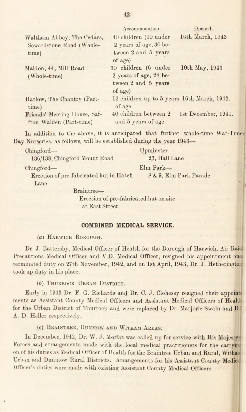Accommodation. Opened. Waltham Abbey, The Cedars, Sewardstone Road (Whole- time) Maldon, 44, Mill Road (Whole-time) Harlow, The Chantry (Part- time) Friends’ Meeting House, Saf- fron Walden (Part-time) 40 children (10 under 16th March, 1943 2 years of age, 30 be- tween 2 and 5 years of age) 30 children (6 under 10th May, 1943 2 years of age, 24 be- tween 2 and 5 years of age) 12 children up to 5 years 16th March, 1943. of age 40 children between 2 1st December, 1941. and 5 years of age In addition to the above, it is anticipated that further whole-time War-Time Day Nurseries, as follows, will be established during the year 1943— Chingford— Upminster—- 136/138, Chingford Mount Road 23, Hall Lane Chingford— Elm Park— Erection of pre-fabricated hut in Hatch 8 & 9, Elm Park Parade Lane * . Braintree— Erection of pre-fabricated hut on site at East Street COMBINED MEDICAL SERVICE. (a) Harwich Borough. Dr. J. Battersby, Medical Officer of Health for the Borough of Harwich, Air Rai( Precautions Medical Officer and V.D. Medical Officer, resigned his appointment anc terminated duty on 27th November, 1942, and on 1st April, 1943, Dr. J. Hetheringtoj took up duty in his place. (b) Thurrock Urban District. Early in 1943 Dr. F. G. Richards and Dr. C. J. Clohessy resigned their appoint ments as Assistant County Medical Officers and Assistant Medical Officers of Healt for the Urban District of Thurrock and were replaced by Dr. Marjorie Swain and D: A. D. Heller respectively. (c) Braintree, Dunmow and Witham Areas. In December, 1942, Dr. W. J. Moffat was called up for service with His Majesty Forces and arrangements made with the local medical practitioners for the carryin on of his duties as Medical Officer of Health for the Braintree Urban and Rural, Withaj Urban and Dunmow Rural Districts. Arrangements for his Assistant County Medic; Officer’s duties were made with existing Assistant County Medical Officers.