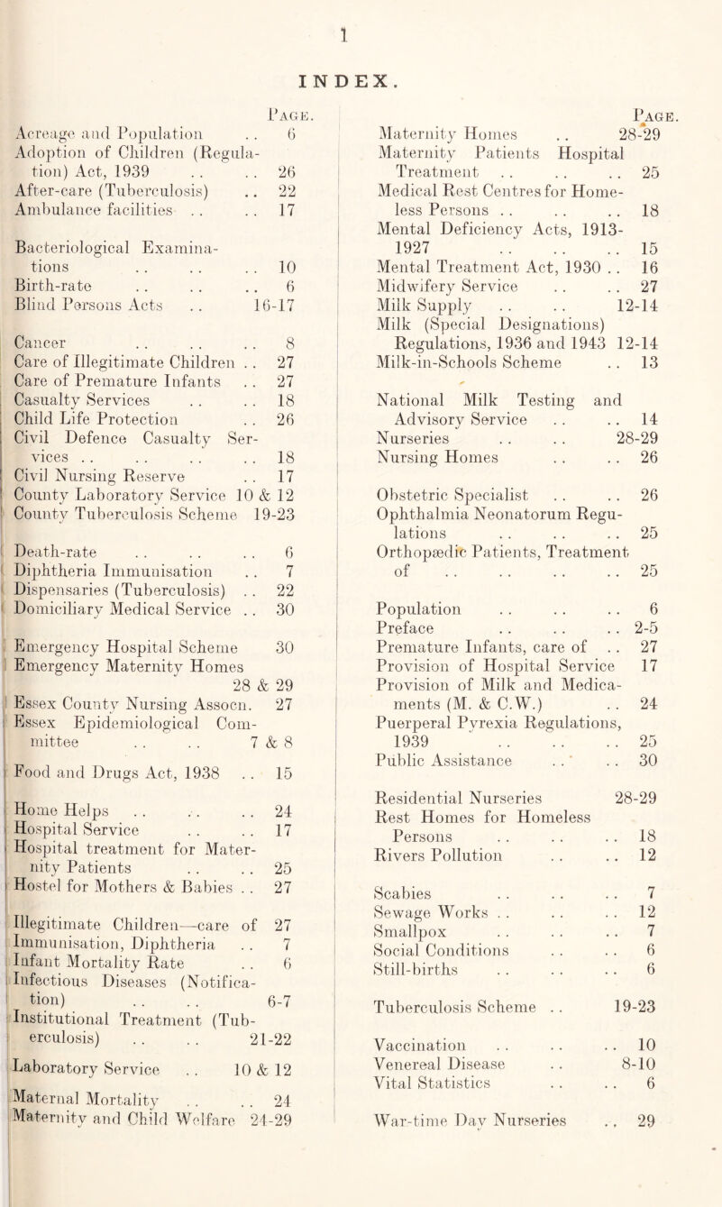 INDEX. Page. Acreage and Population . . 6 Adoption of Children (Regula- tion) Act, 1939 .. . . 26 After-care (Tuberculosis) .. 22 Ambulance facilities . . . . 17 Page. Maternity Homes . . 28-29 Maternity Patients Hospital Treatment . . . . 25 Medical Rest Centres for Home- less Persons .. .. 18 Mental Deficiency Acts, 1913- Bacteriological Examina- tions . . . . 10 Birth-rate . . . . .. 6 Blind Persons Acts . . 16-17 Cancer .. .. .. 8 Care of Illegitimate Children . . 27 Care of Premature Infants . . 27 Casualty Services . . . . 18 Child Life Protection . . 26 | Civil Defence Casualty Ser- vices . . .. . . 18 Civil Nursing Reserve . . 17 County Laboratory Service 10 & 12 1 County Tuberculosis Scheme 19-23 Death-rate . . . . . . 6 Diphtheria Immunisation . . 7 Dispensaries (Tuberculosis) . . 22 Domiciliary Medical Service .. 30 Emergency Hospital Scheme 30 Emergency Maternity Homes 28 & 29 Essex County Nursing Assocn. 27 i Essex Epidemiological Com- mittee . . . . 7 & 8 Food and Drugs Act, 1938 . . 15 1927 15 Mental Treatment Act, 1930 . . 16 Midwifery Service . . . . 27 Milk Supply . . .. 12-14 Milk (Special Designations) Regulations, 1936 and 1943 12-14 Milk-in-Schools Scheme . . 13 National Milk Testing and Advisory Service . . .. 14 Nurseries . . . . 28-29 Nursing Homes . . . . 26 Obstetric Specialist . . . . 26 Ophthalmia Neonatorum Regu- lations . . .. 25 Orthopaedic Patients, Treatment of 25 Population . . . . . . 6 Preface . . . . .. 2-5 Premature Infants, care of . . 27 Provision of Hospital Service 17 Provision of Milk and Medica- ments (M. & C.W.) . . 24 Puerperal Pvrexia Regulations, 1939 ■' 25 Public Assistance . . ' . . 30 Ho me Helps . . . . 24 Hospital Service . . . . 17 Hospital treatment for Mater- nity Patients . . .. 25 Hostel for Mothers & Babies . . 27 Illegitimate Children—care of 27 Immunisation, Diphtheria . . 7 Infant Mortality Rate . . 6 i Infectious Diseases (Notifica- tion) . . . . 6-7 Institutional Treatment (Tub- erculosis) . . . . 21-22 Laboratory Service . . 10 & 12 Maternal Mortality . . . . 24 Maternity and Child Welfare 24-29 Residential Nurseries 28-29 Rest Homes for Homeless Persons . . . . 18 Rivers Pollution . . .. 12 Scabies . . . . . . 7 Sewage Works . . . . . . 12 Smallpox . . . . . . 7 Social Conditions . . . . 6 Still-births . . . . .. 6 Tuberculosis Scheme . . 19-23 Vaccination . . .. 10 Venereal Disease . . 8-10 Vital Statistics . . . . 6 War-time Dav Nurseries ., 29